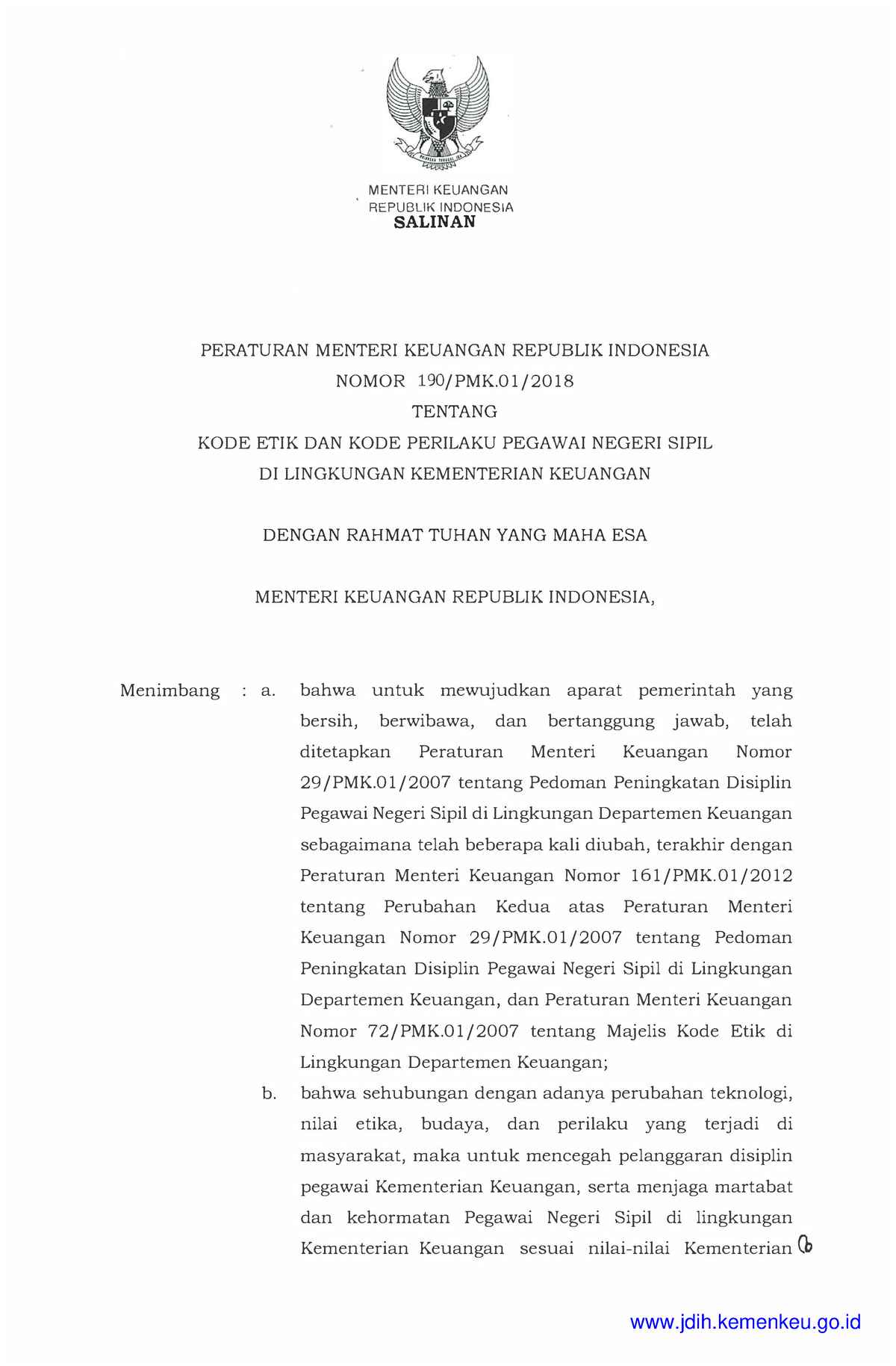 190 PMK.01 2018 Per - Peraturan Menteri Keuangan Nomor 190/PMK.01/2018 ...