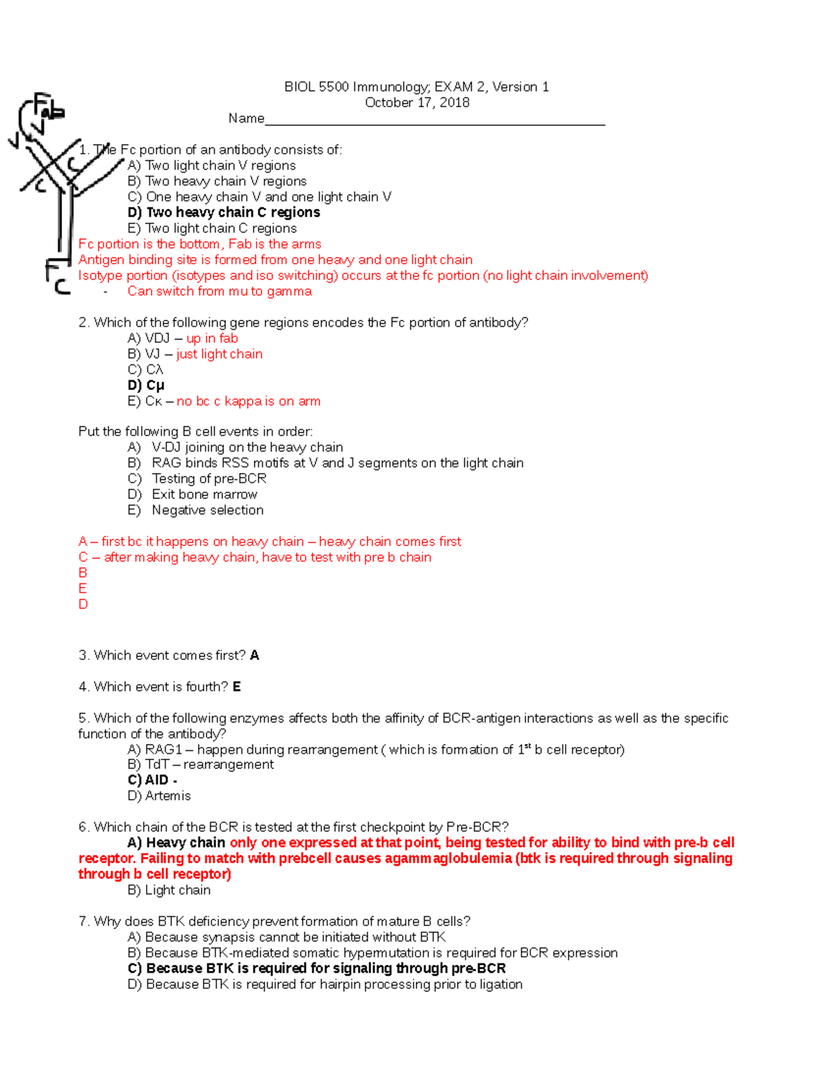 Exam 2 BIOL 5500 2018 Version 1 Key - BIOL 5500 Immunology; EXAM 2 ...