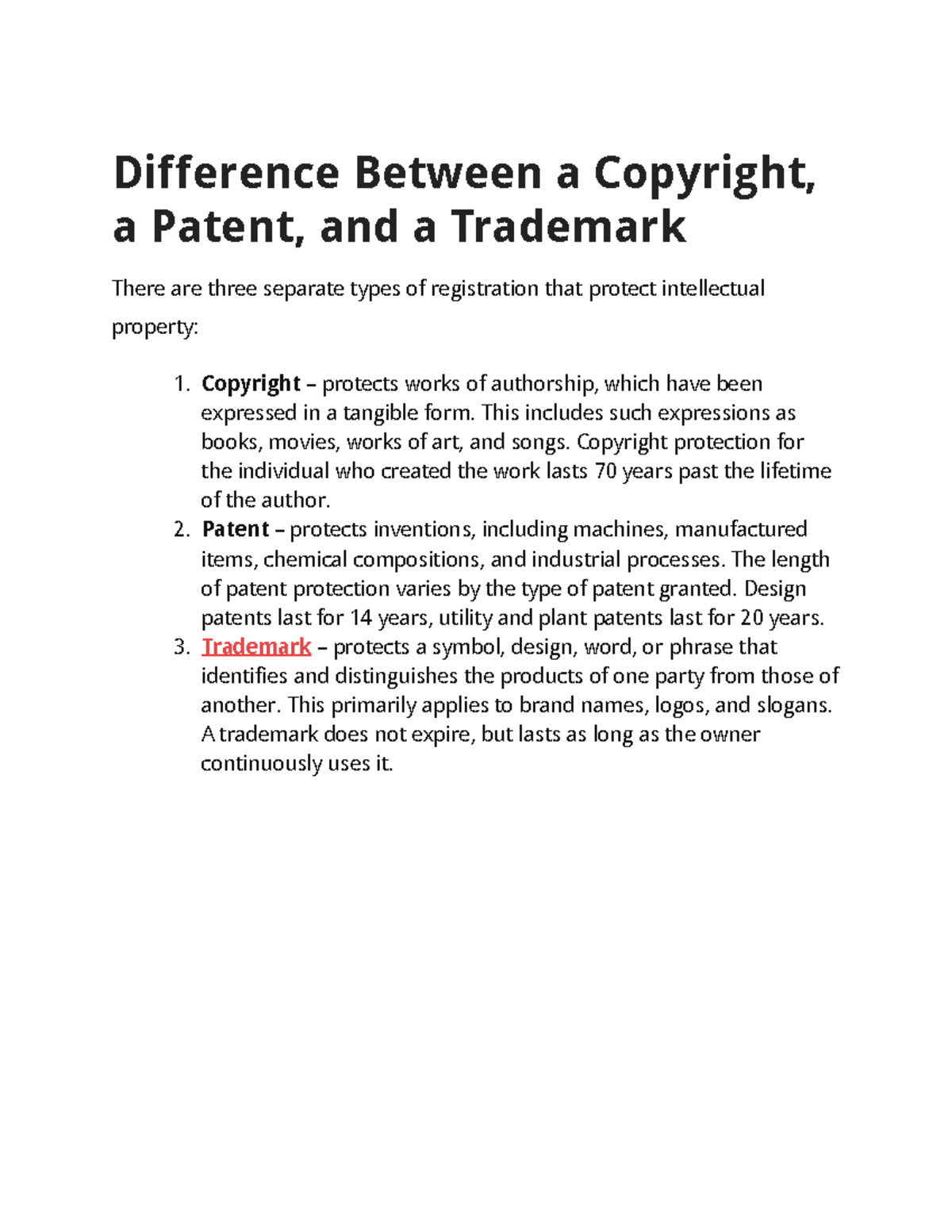 Difference Between a Copyright, a Patent, and a Trademark - This ...