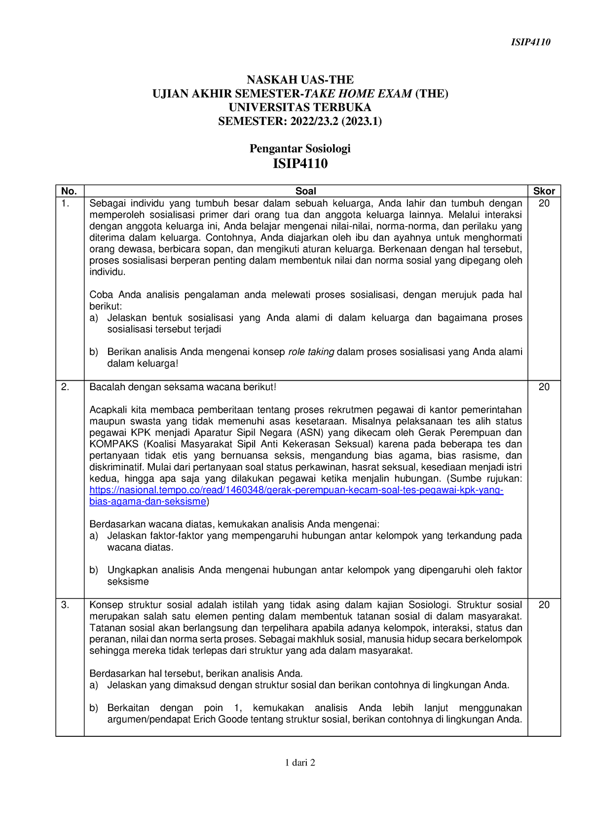 Naskah ISIP4110 The 1 - OTHER - ISIP 1 Dari 2 NASKAH UAS-THE UJIAN ...