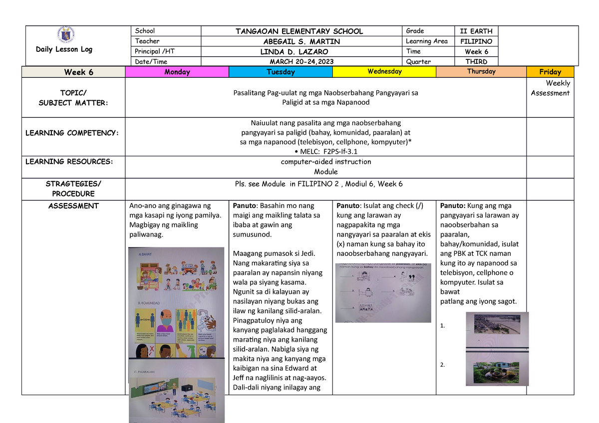 DLL Filipino 2 Q3 WEEK 6 - AAAA - Daily Lesson Log School TANGAOAN ...