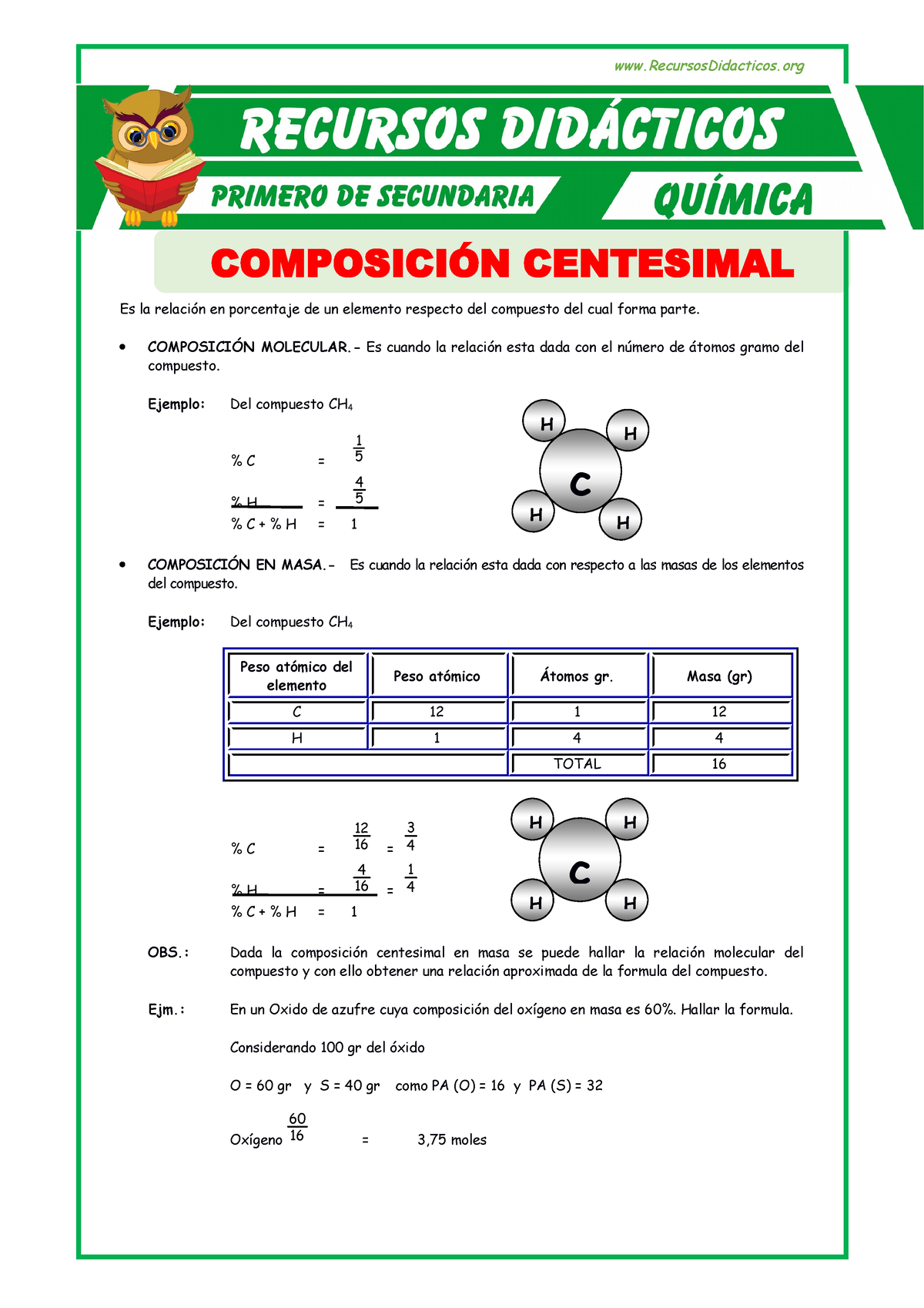 Composición Centesimal Para Primero De Secundaria Es La Relación En Porcentaje De Un Elemento 7915