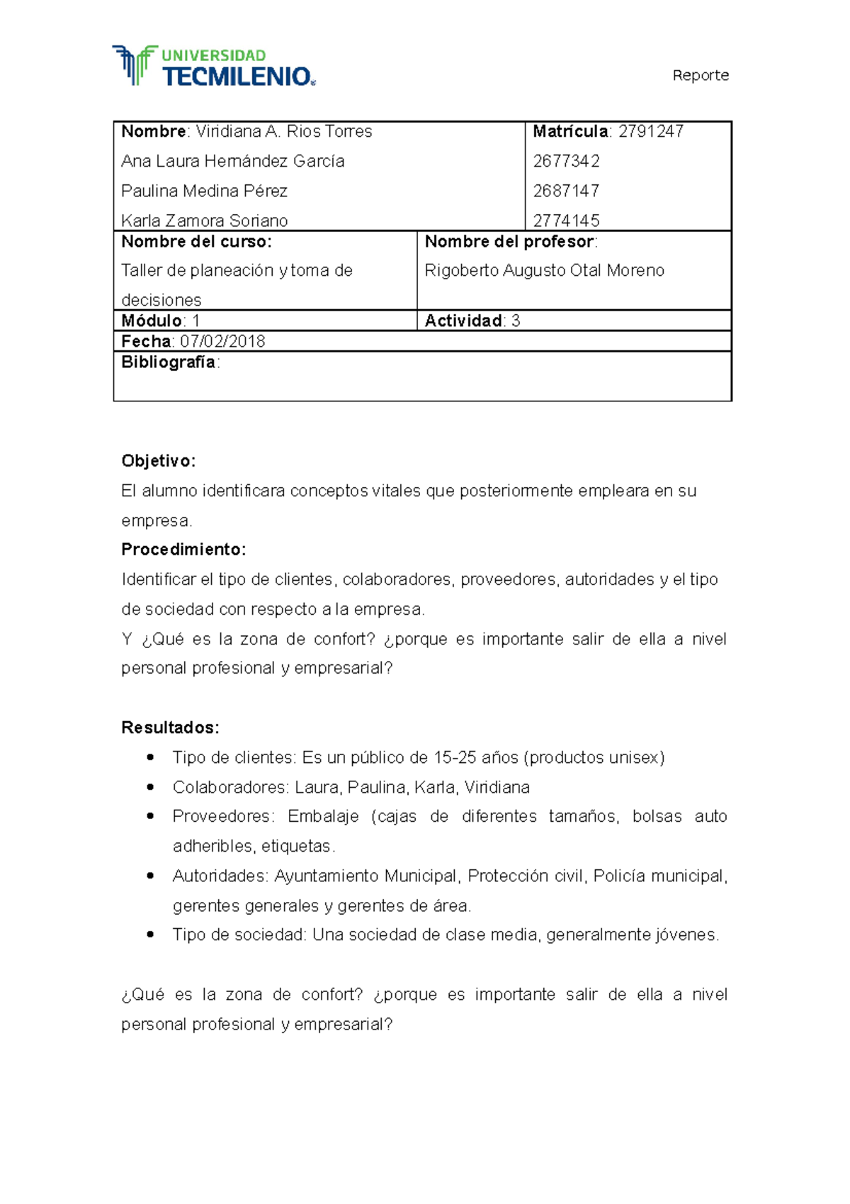 Taller de planeacion actividad 3 - Reporte Nombre: Viridiana A. Rios ...
