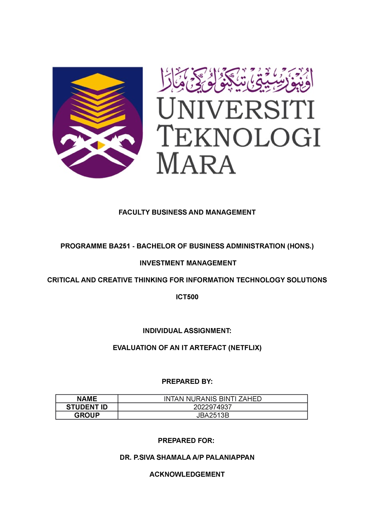 Report ICT - FACULTY BUSINESS AND MANAGEMENT PROGRAMME BA251 - BACHELOR ...