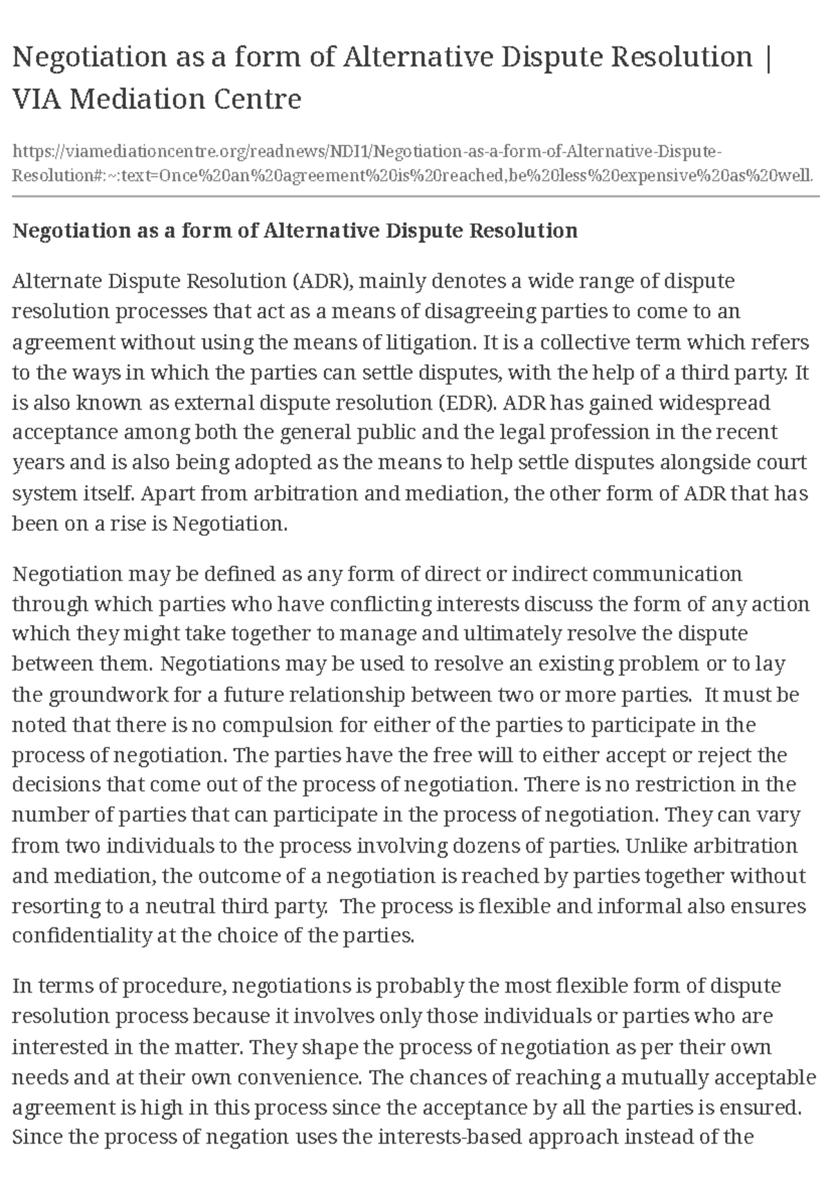 Negotiation as a form of Alternative Dispute Resol+ - It is a ...