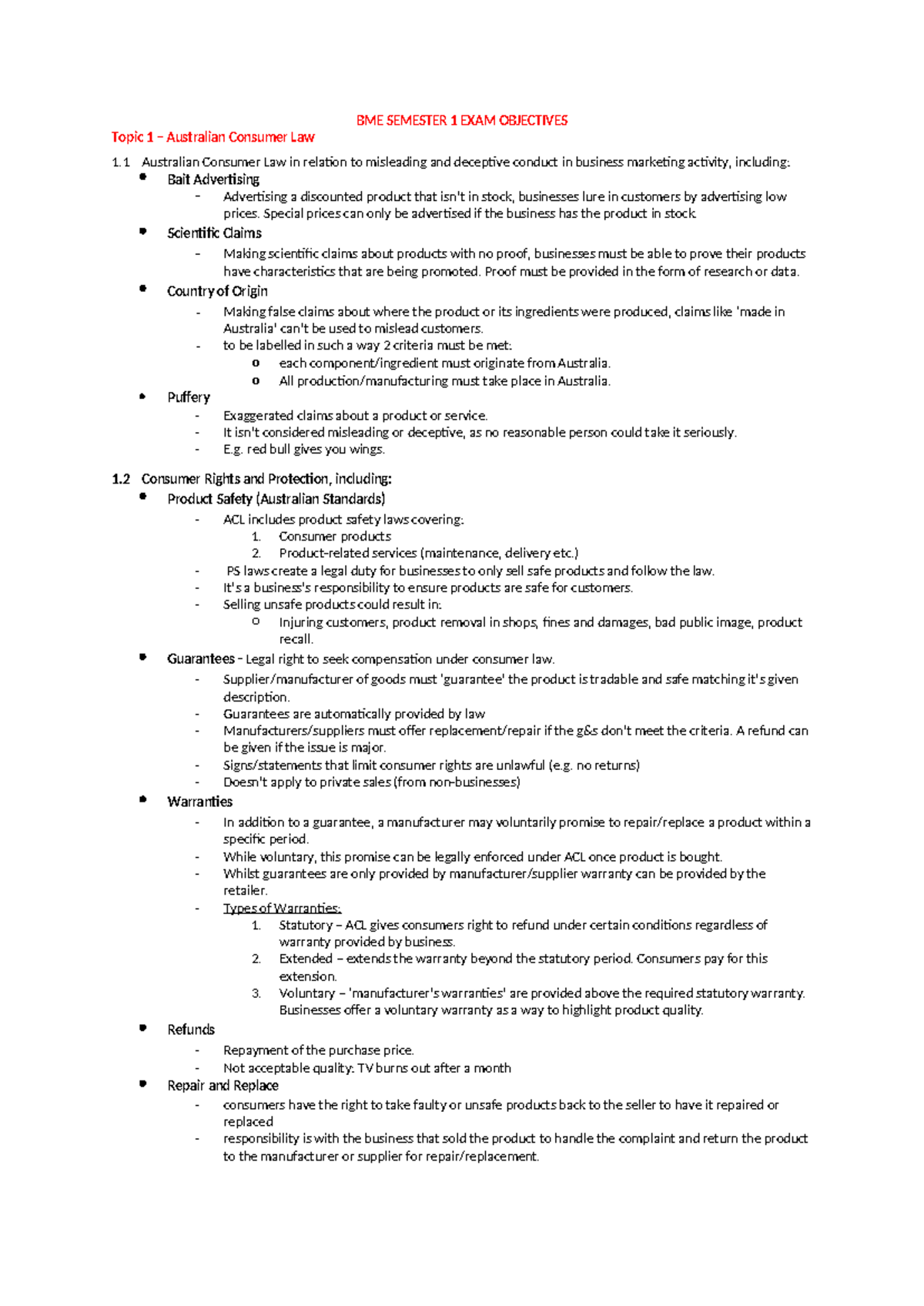 Business ME EXAM objectives - BME SEMESTER 1 EXAM OBJECTIVES Topic 1 ...