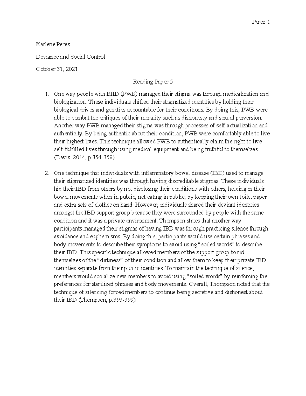 Reading paper 5 socy 2440 - Karlene Perez Deviance and Social Control ...