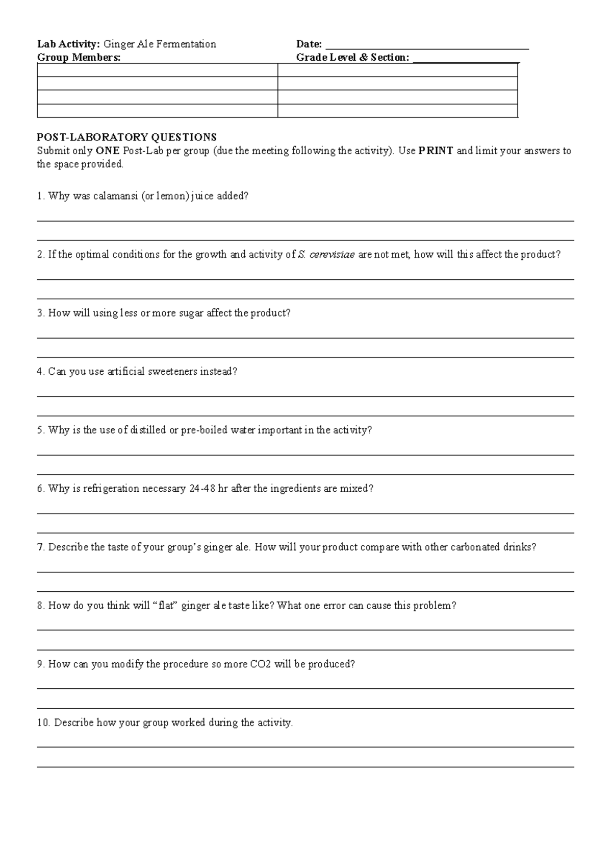 Post-Lab Activity Sheet - Lab Activity: Ginger Ale Fermentation Date ...
