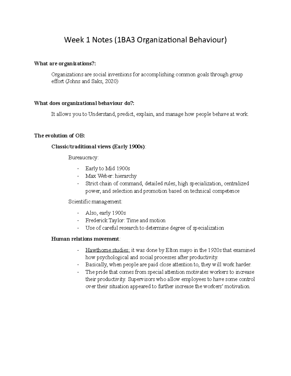 Week 1 Notes (1BA3 Organizational Behaviour) - Week 1 Notes (1BA3 ...