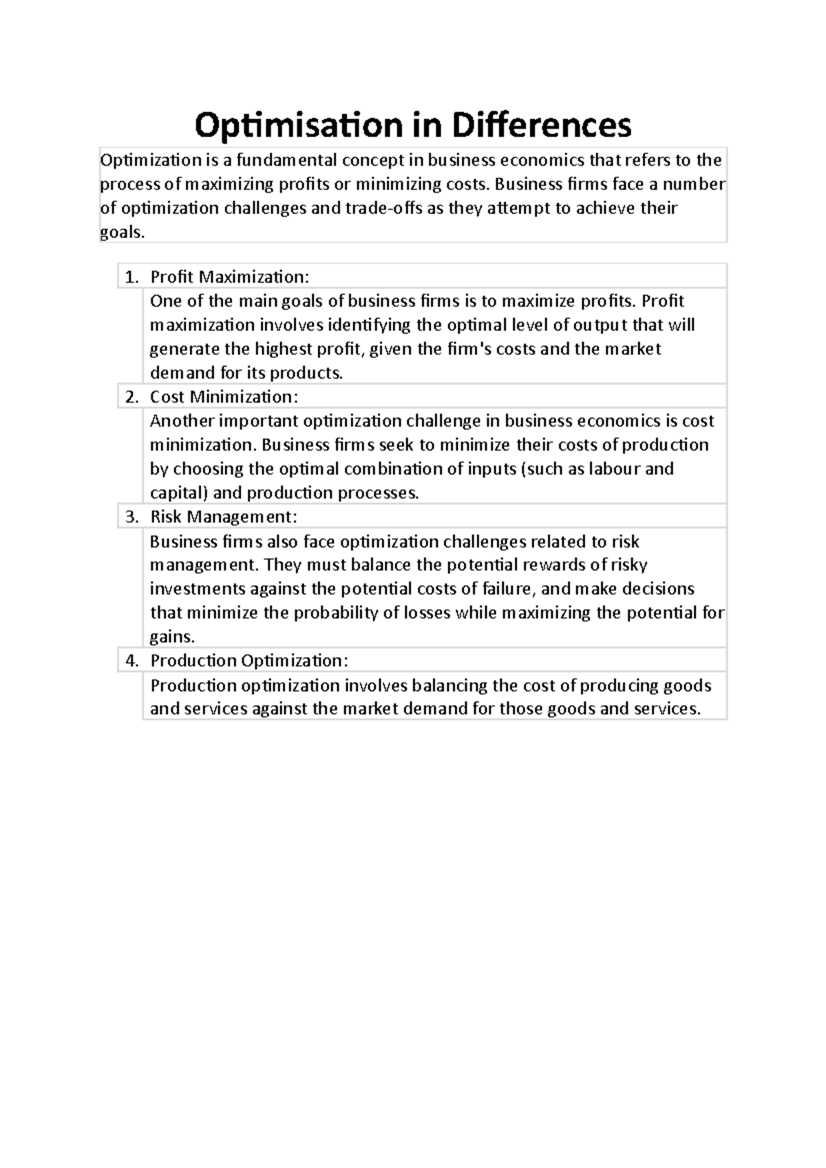 Optimisation in Differences Optimisation in Differences Optimization