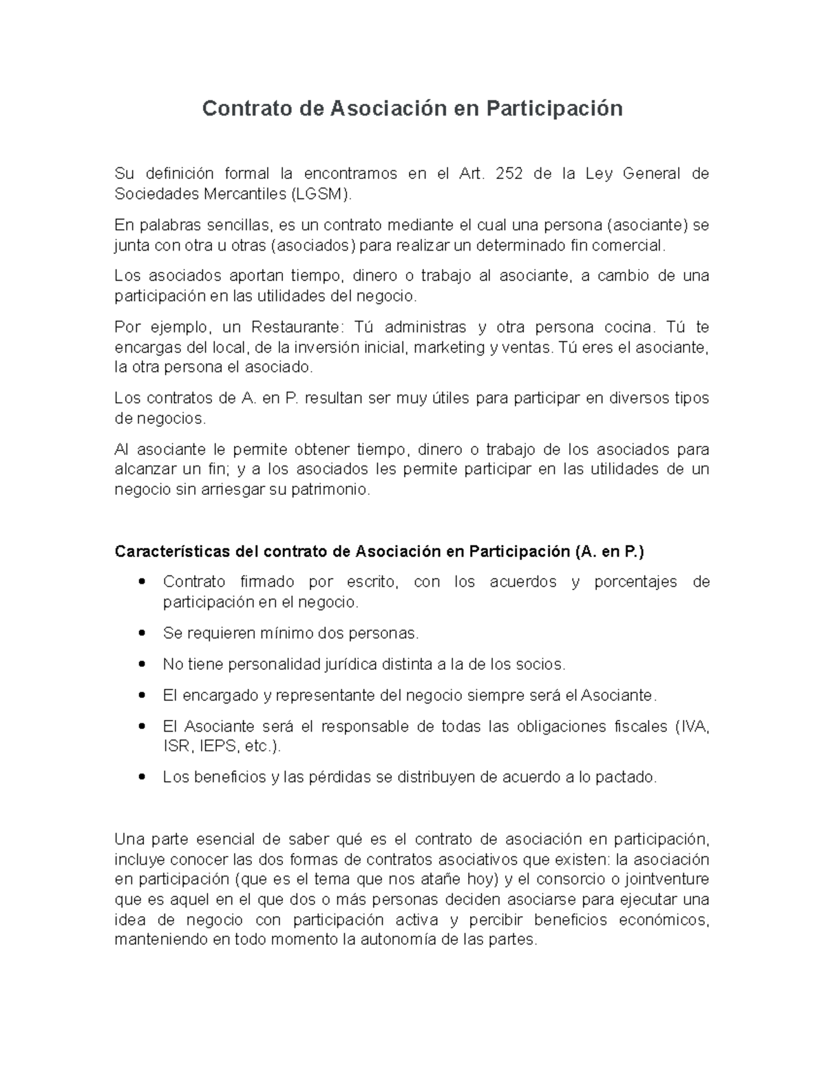 Contrato de Asociación en Participación - Contrato de Asociación en