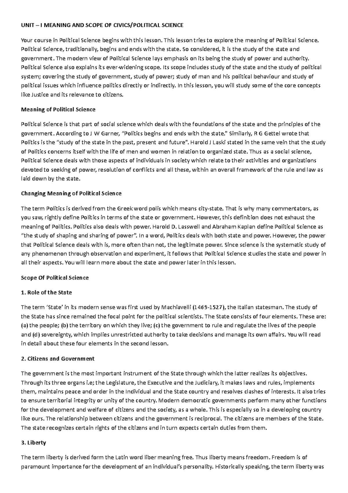 Civics Unit 1 UNIT I MEANING AND SCOPE OF CIVICS/POLITICAL