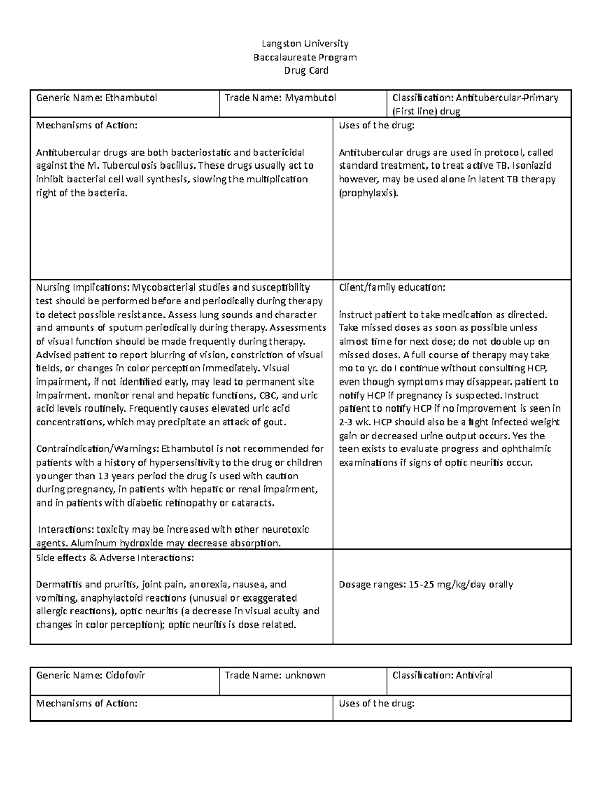 Pharmacology- NR 3322 Drug cards for nursing - NR-3322 - Langston - Studocu