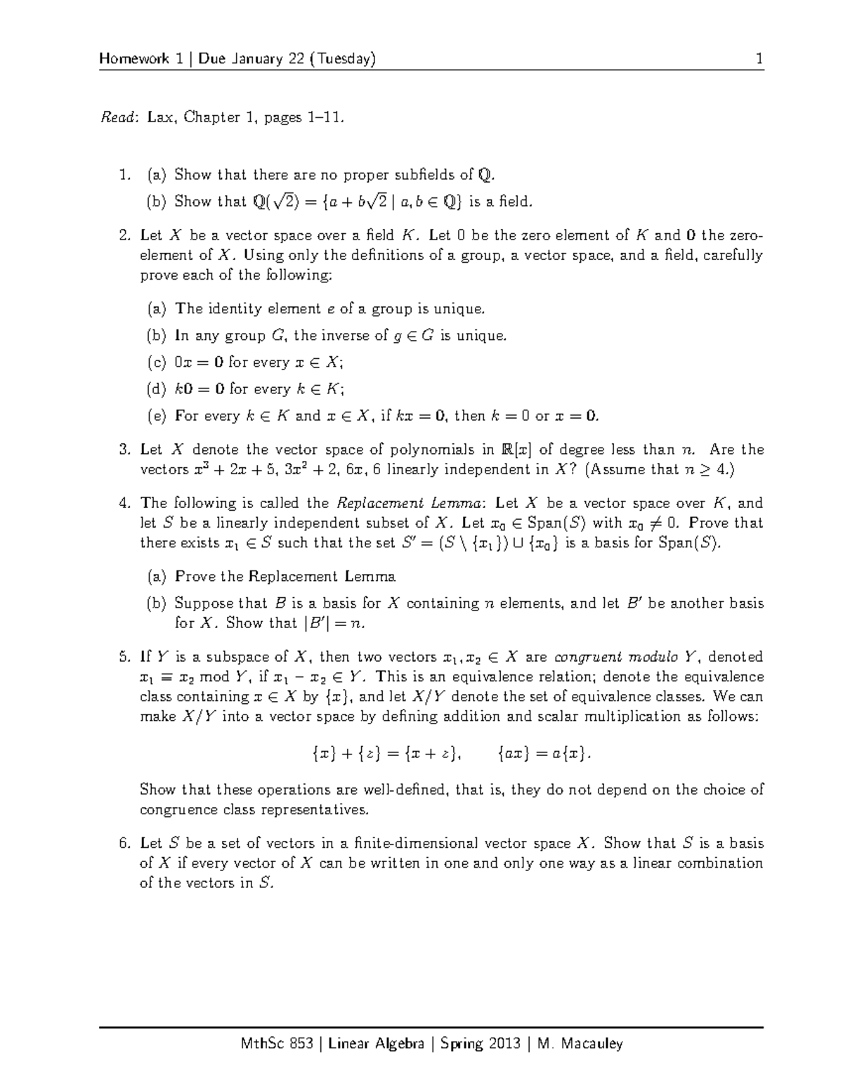 22 Januari Homework Mthsc853 Homework Due January 22 Tuesday Read Lax Studocu