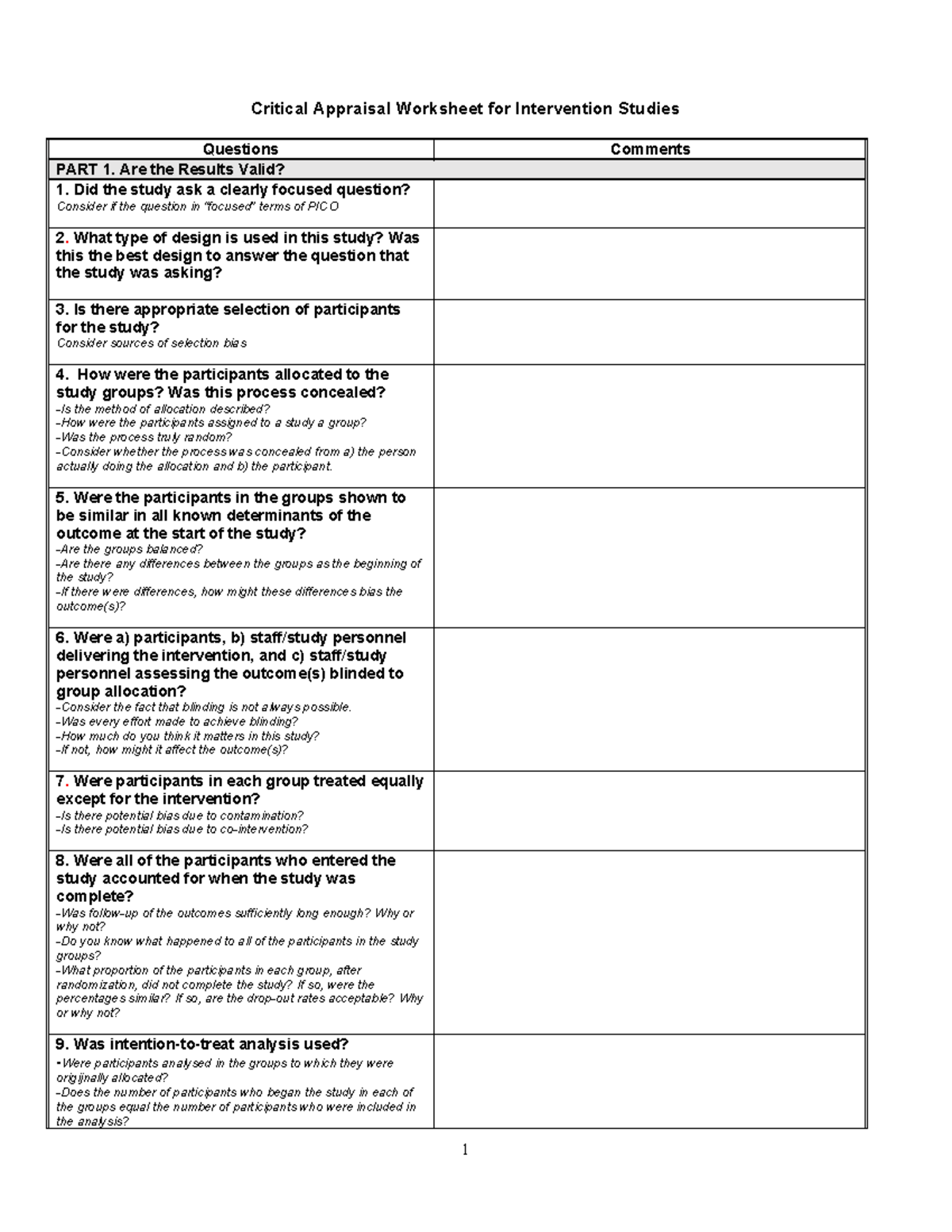 Critical Appraisal Worksheet (Intervention Studies) - Critical ...