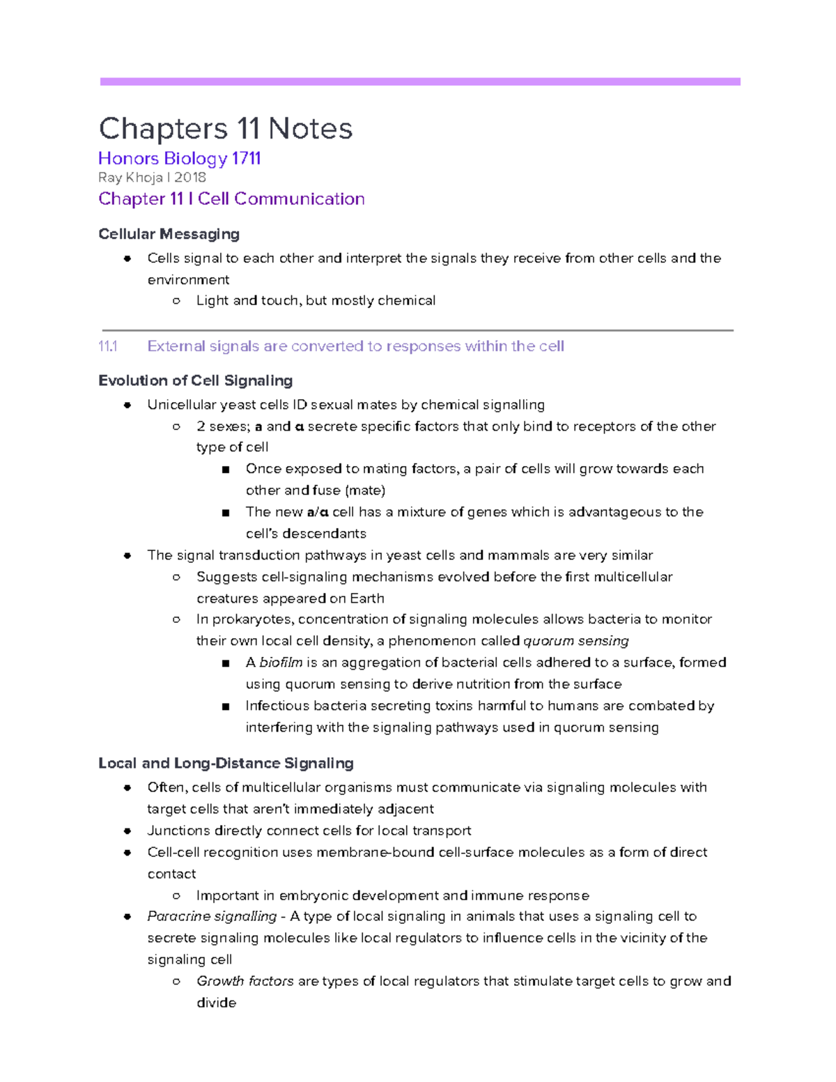 Chapter 11 - Cell Communication - Chapters 11 Notes Honors Biology 1711 ...