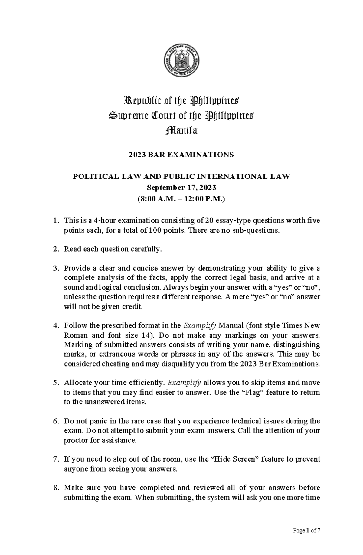 2023 Political Law and Public International Law Bar Questions ...