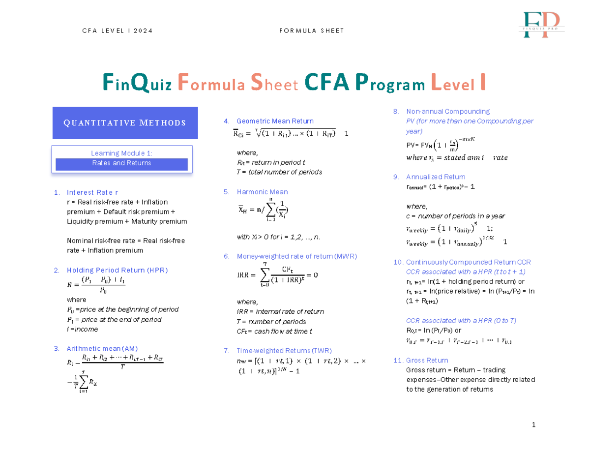 Formula Sheet 2024 - Combined Formulaes - F In Q Uiz F Ormula S Heet ...