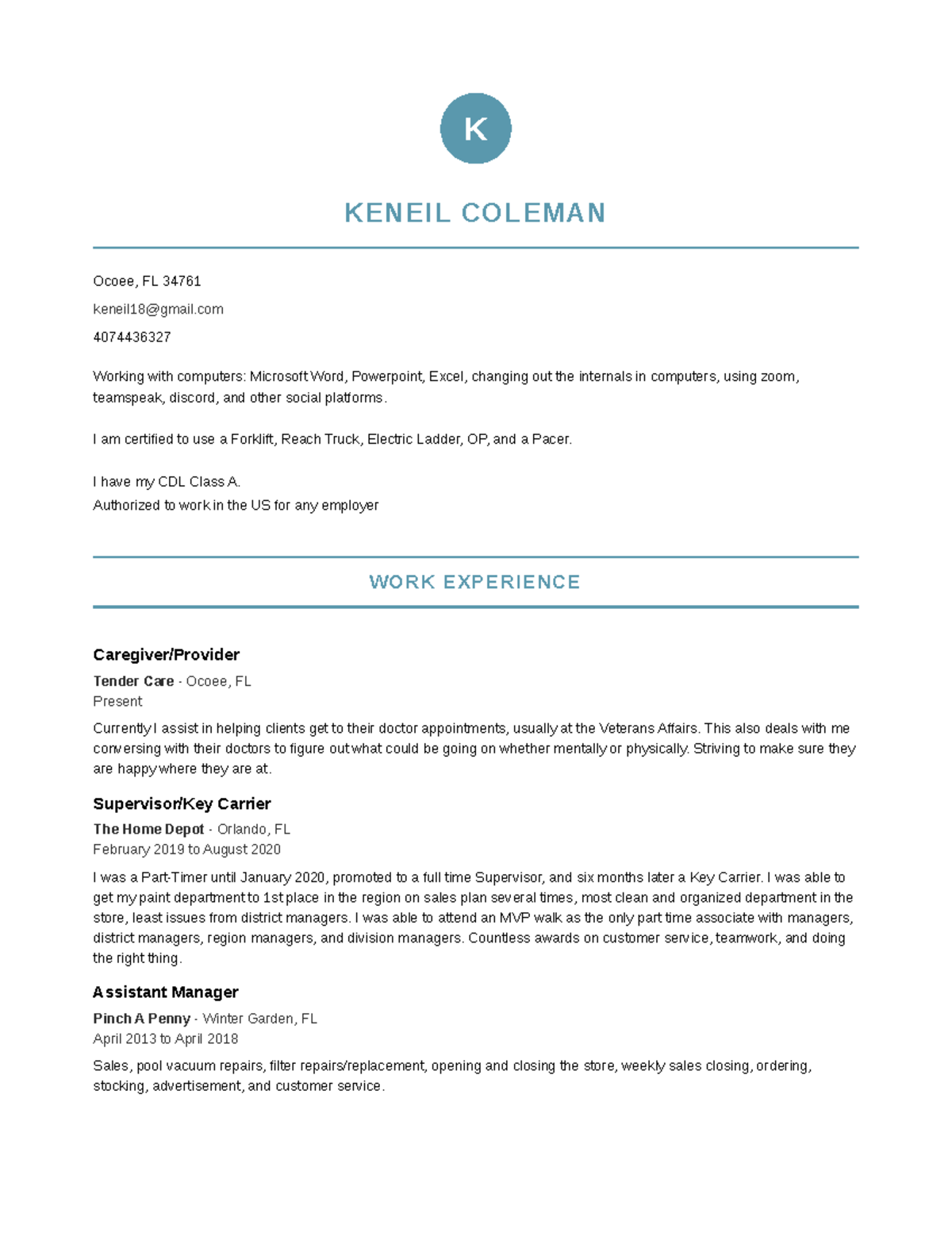 Resume For Future Jobs - KENEIL COLEMAN Ocoee, FL 34761 keneil18@gmail ...