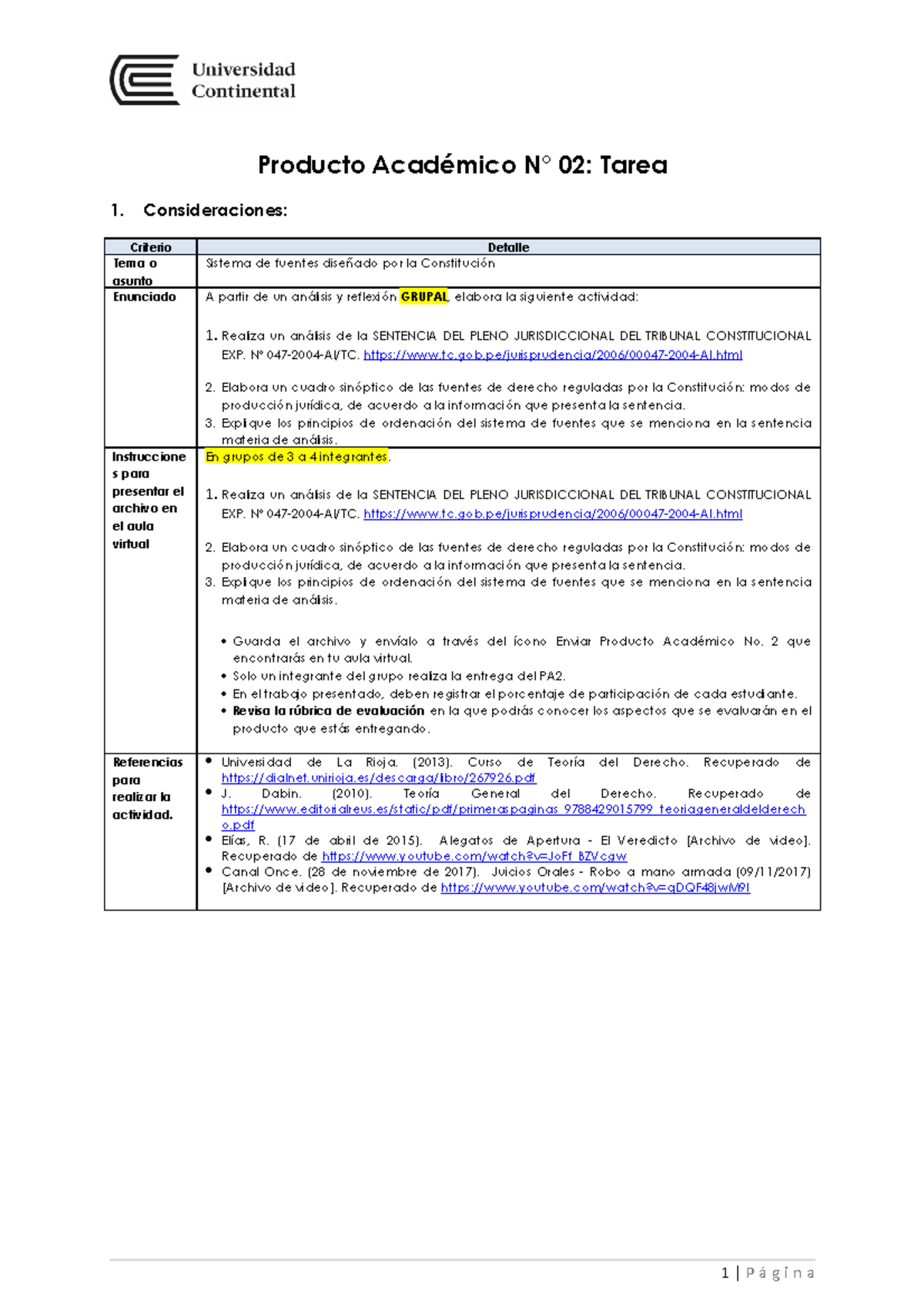 PA2- Tarea - Pa 2 - Producto Académico N° 02: Tarea 1. Consideraciones ...