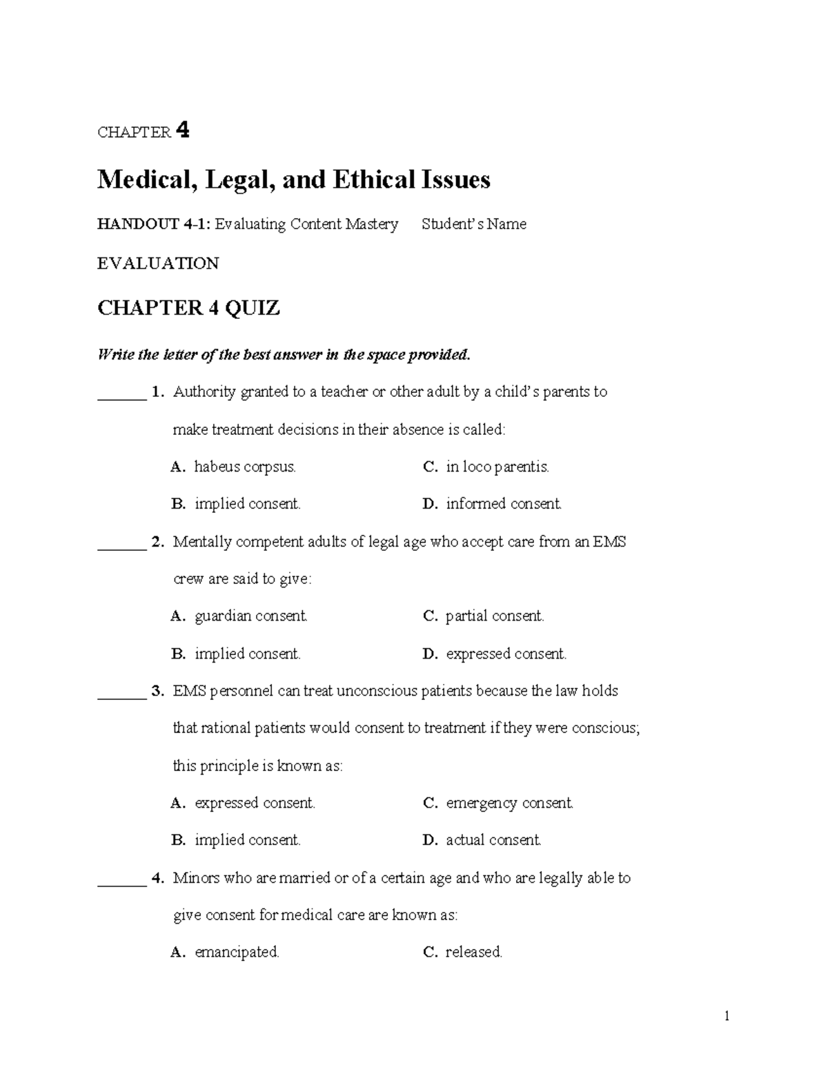 Legal Terms Quiz - CHAPTER 4 Medical, Legal, And Ethical Issues HANDOUT ...