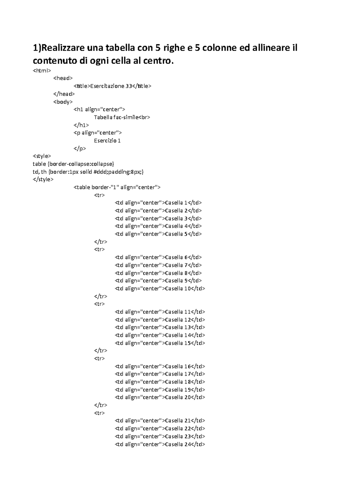 Esercitazione 33 1 Realizzare Una Tabella Con 5 Righe E 5 Colonne Ed