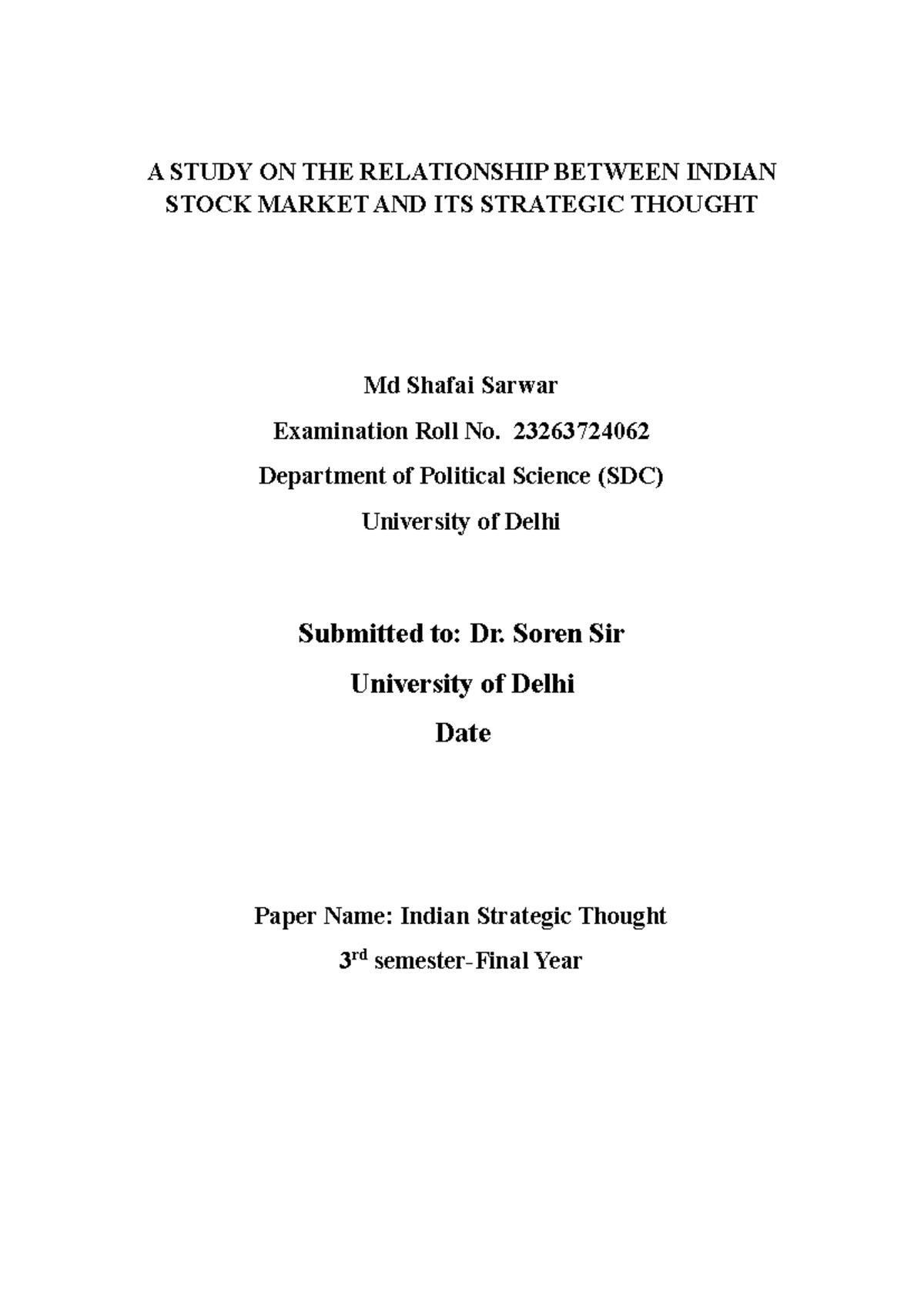 Stock Market AND Strategic Thought BY ME - A STUDY ON THE RELATIONSHIP ...