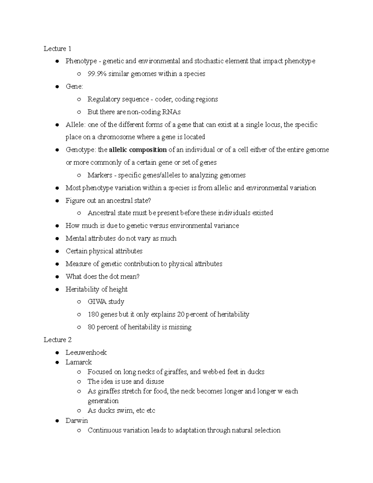 Genetics Quiz 1 - Lecture notes - Lecture 1 Phenotype - genetic and ...