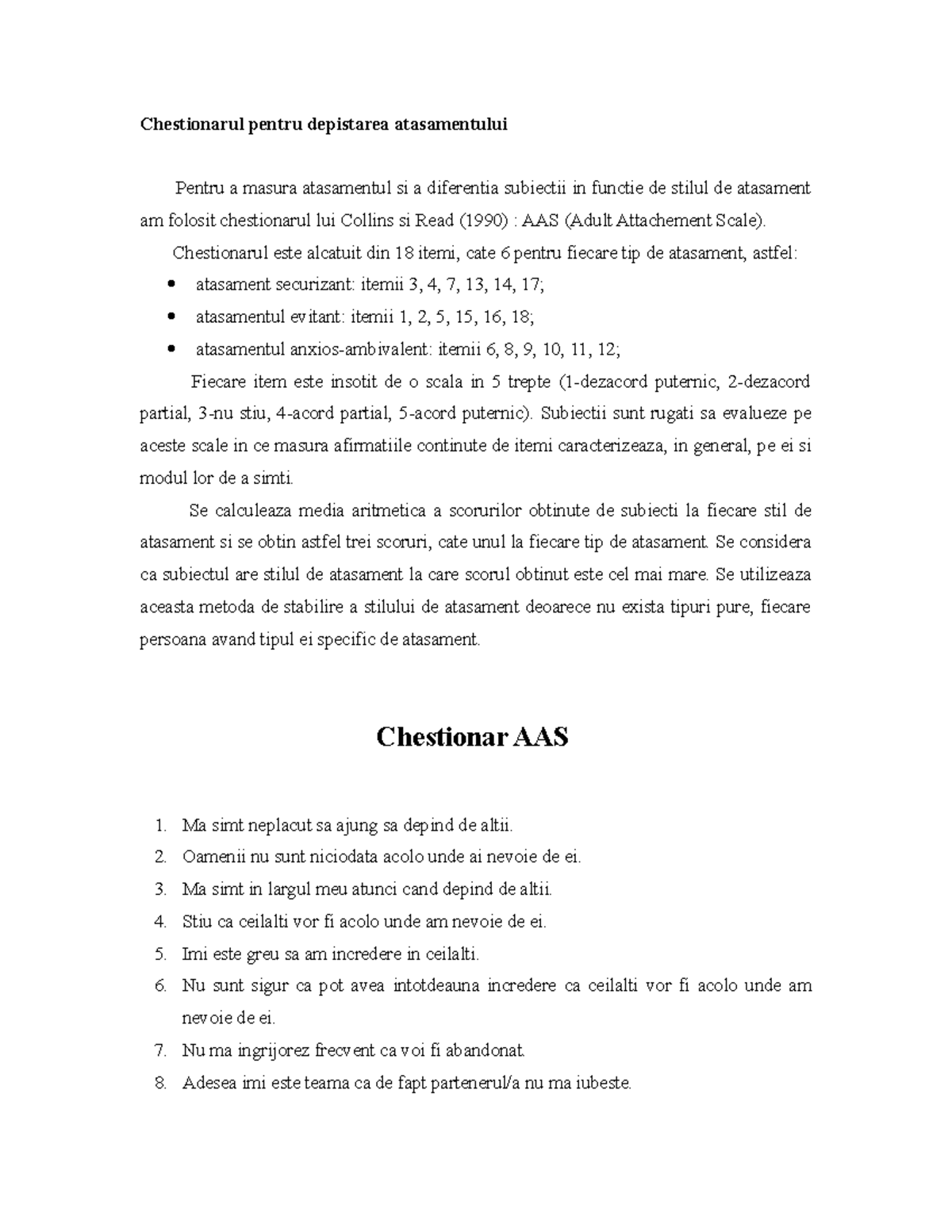 Chestionar AAS (Adult Attachement Scale) - Chestionarul Pentru ...