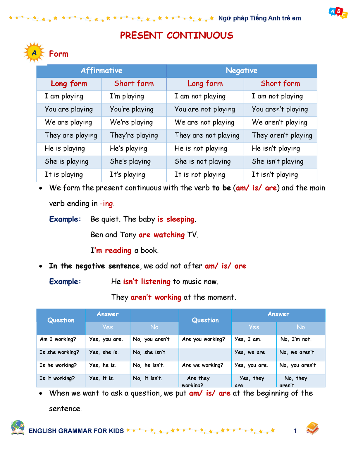 Grammar 1 - Present continuous Worksheet - PRESENT CONTINUOUS Form ...