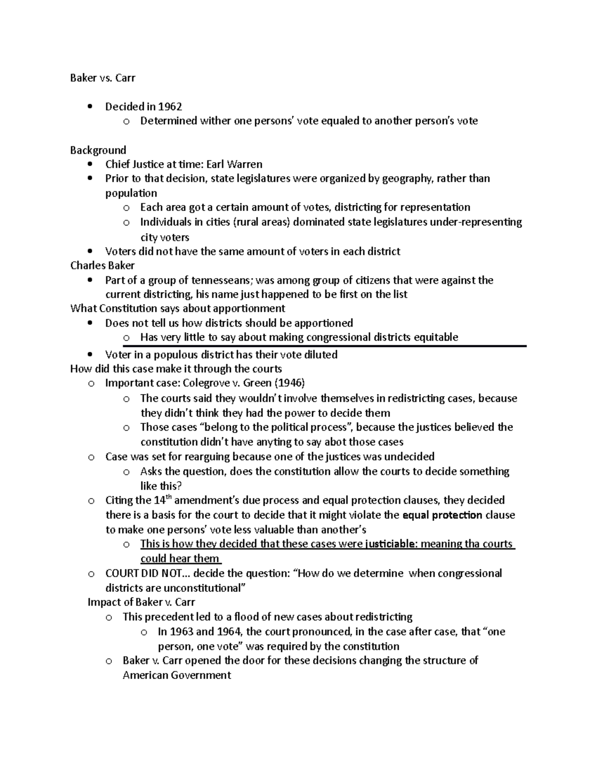 Baker vs Carr summary Baker vs. Carr Decided in 1962 o Determined