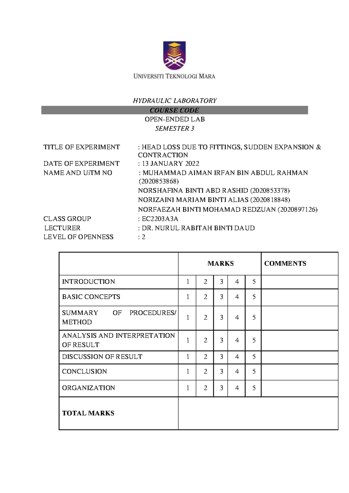 Group 1 HEAD LOSS DUE TO Fittings, Sudden Expansion & Contraction
