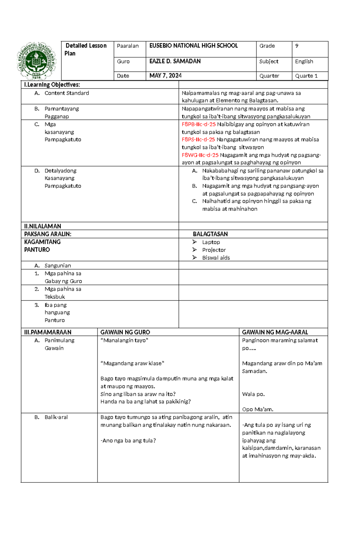 Dlp english jhs samadan detailed lesson plan paaralan eusebio