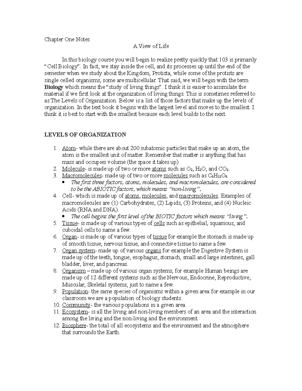 Chapter 1 Notes on levels of organization and Characteristics of all ...