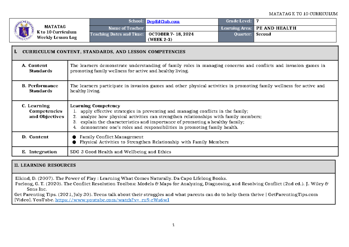 DLL Matatag PE& Health 7 Q2 W2-4 - MATATAG K to 10 Curriculum Weekly ...