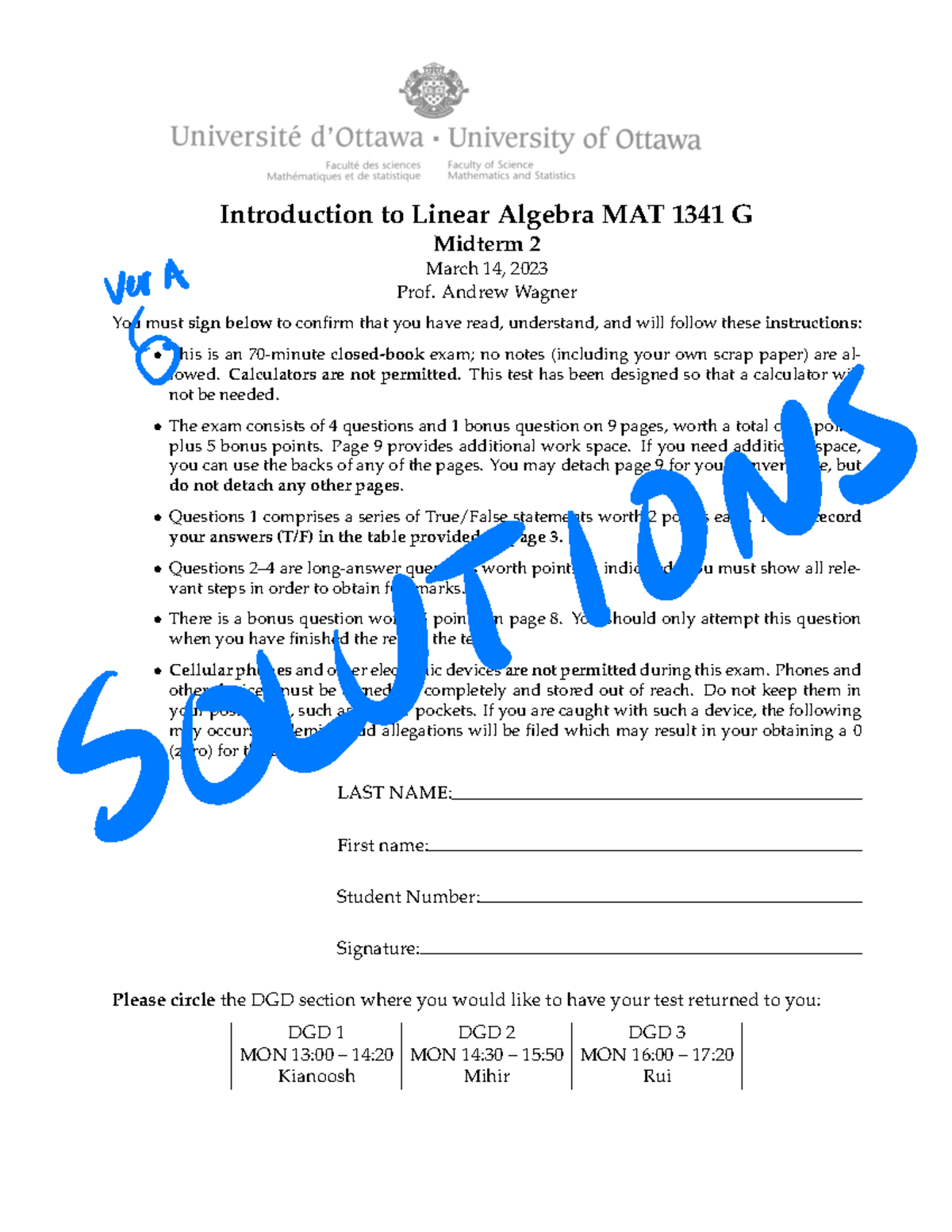 MAT1341 G Midterm 2A Solutions - Introduction To Linear Algebra MAT ...