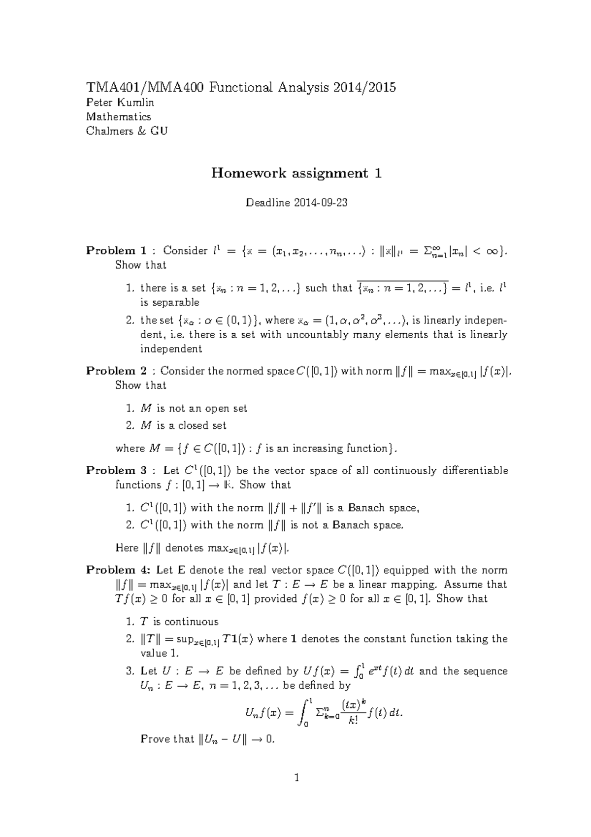 Homework assignment 1 to 3 - Functional Analysis 2014 - Functional ...