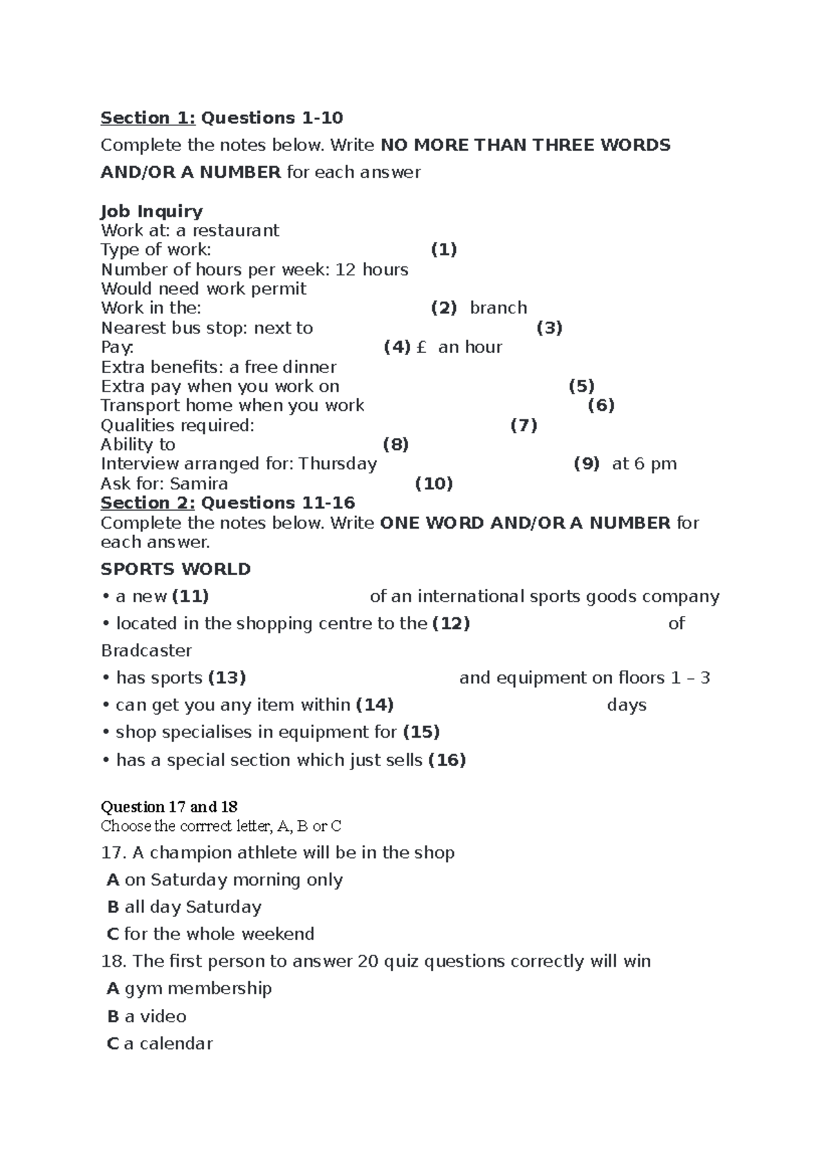 Cambridge ielts 9 test 1 - Section 1: Questions 1- Complete the notes ...