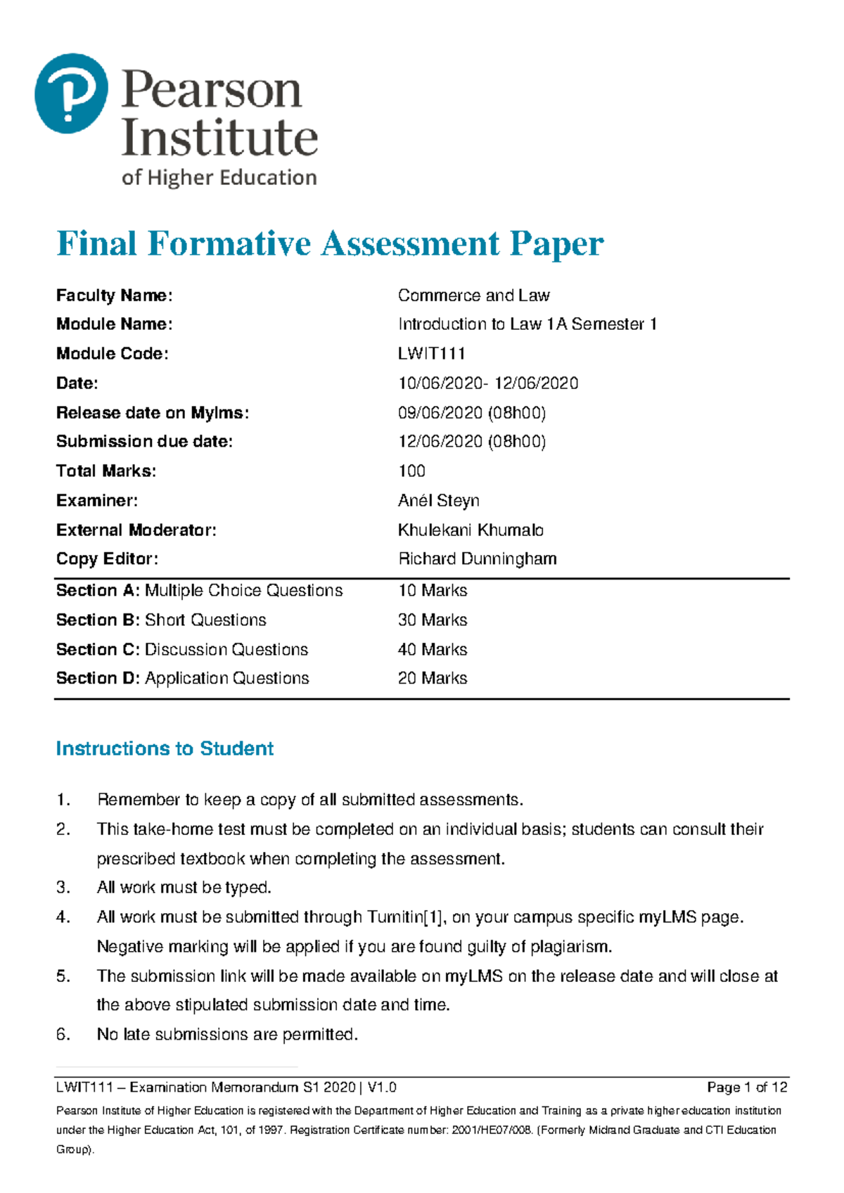 LWIT111 - Final Formative Assessment Paper S1 2020 (V1 - LWIT111 ...