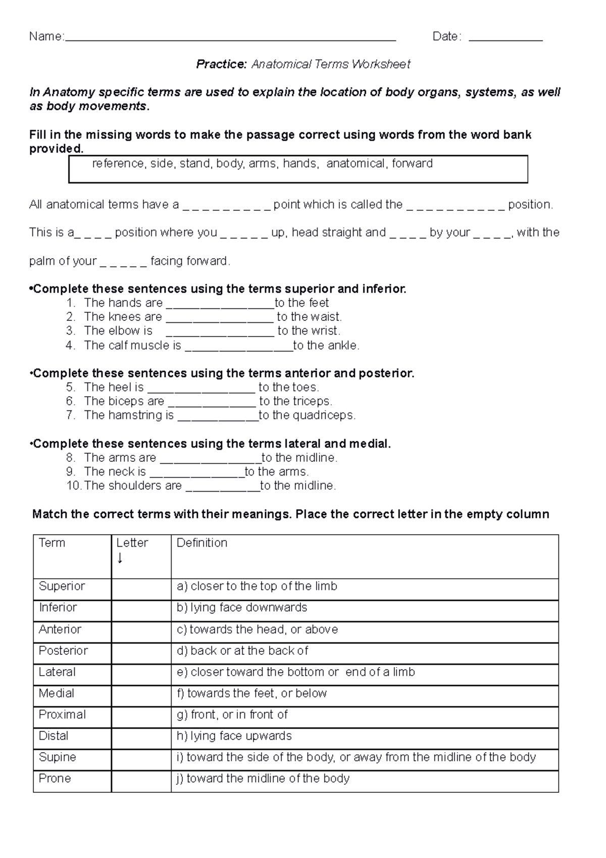 Anatomical terms worksheet - Name: Date: Practice: Anatomical Terms