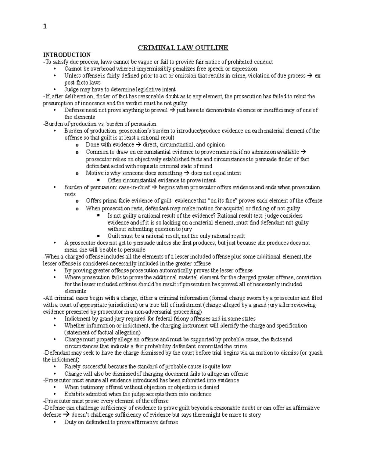 Criminal LAW Outline - CRIMINAL LAW OUTLINE INTRODUCTION -To satisfy ...