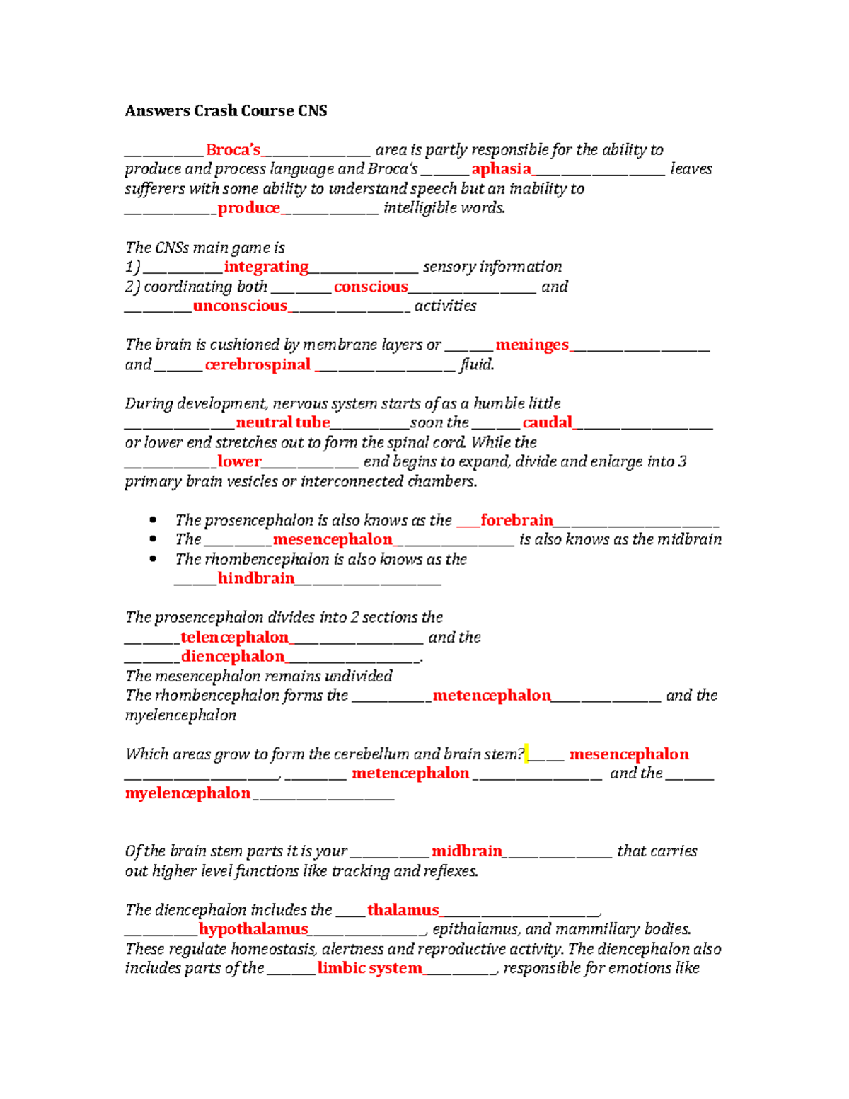 Crash Course CNS hw.... Answers Crash Course CNS Broca’s_____ area