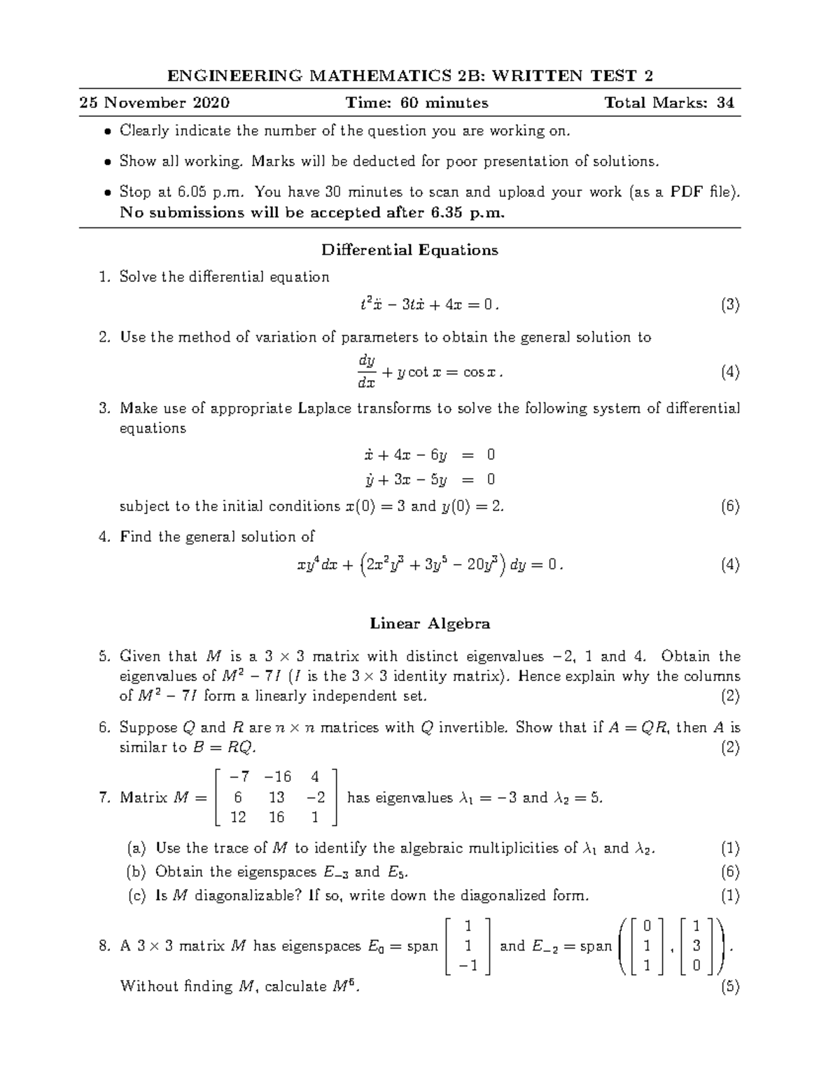 Test 27 October, answers - ENGINEERING MATHEMATICS 2B: WRITTEN TEST 2 ...