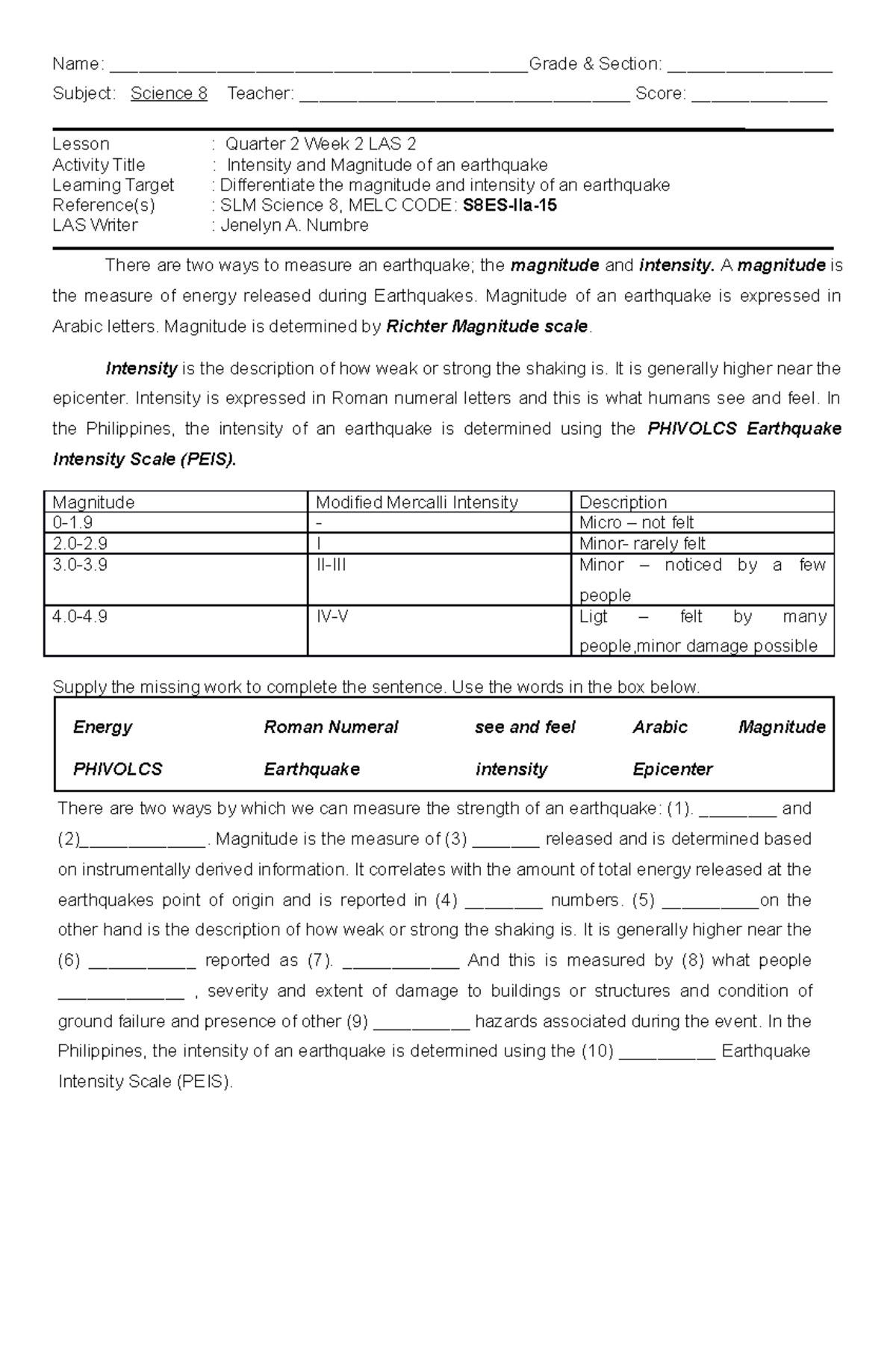 Science 8 Q2 Week2 LAS2 - Name ...