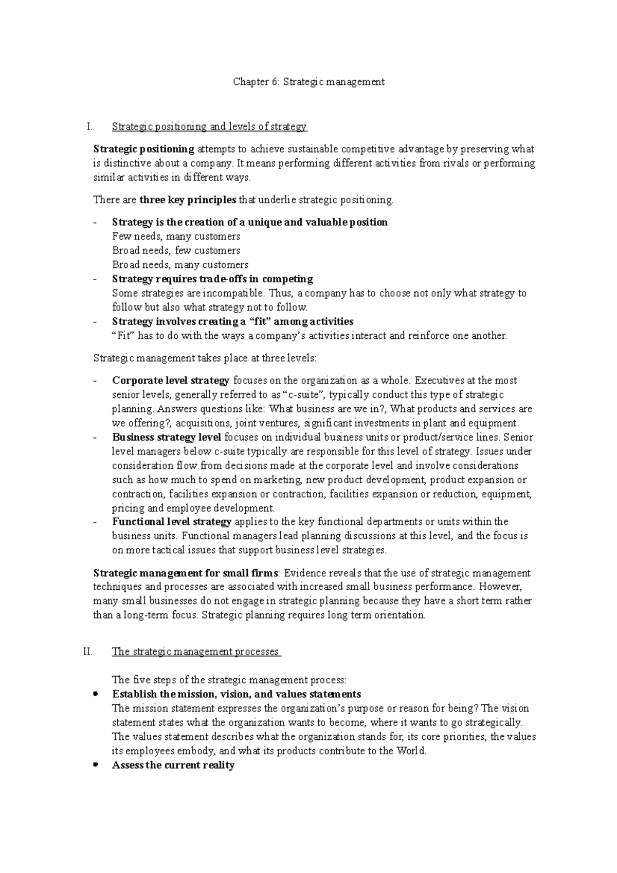 Chapter 6 Management - Chapter 6: Strategic management I. Strategic ...