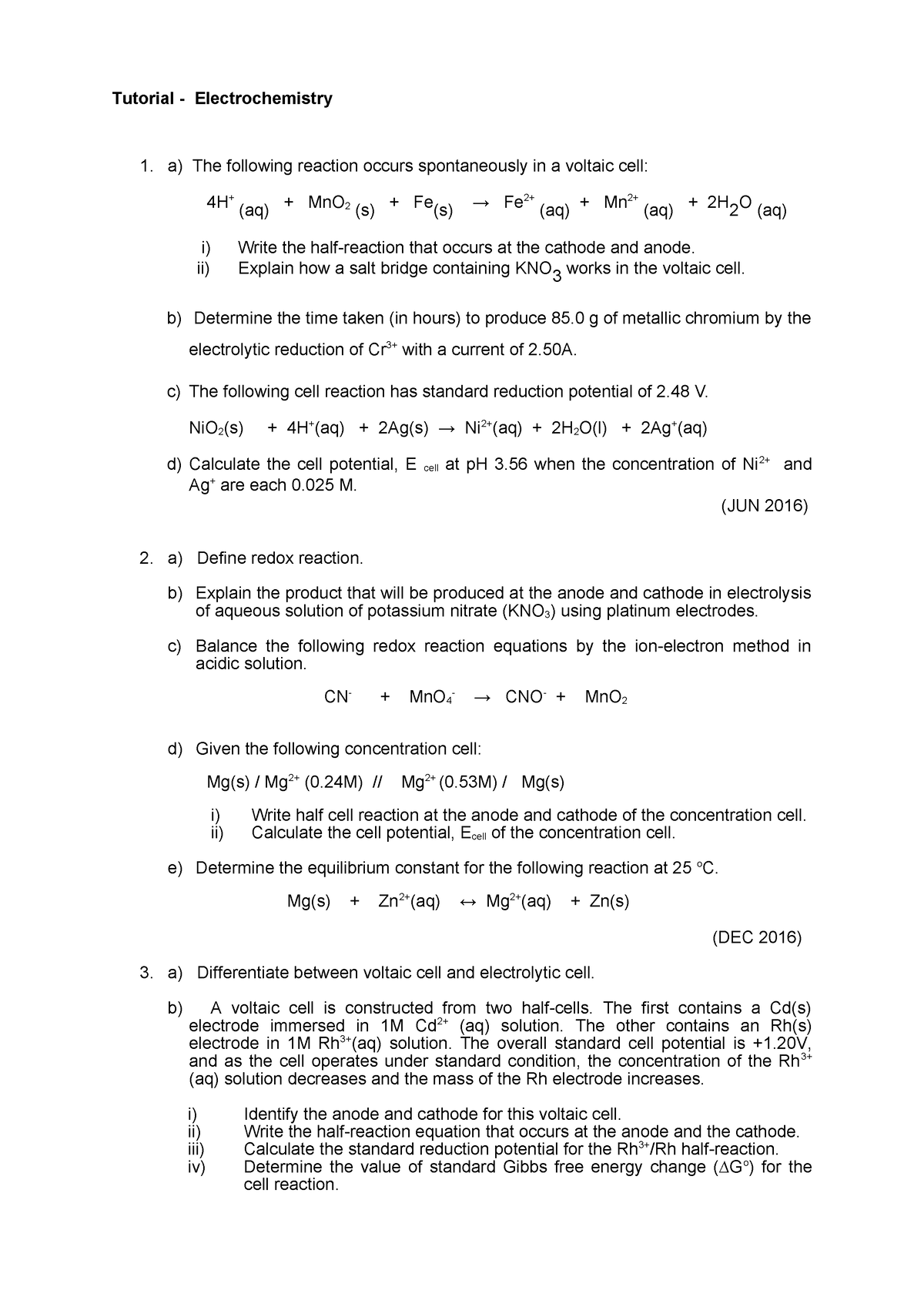 Tutorial (Electrochemistry) - Tutorial - Electrochemistry a) The ...