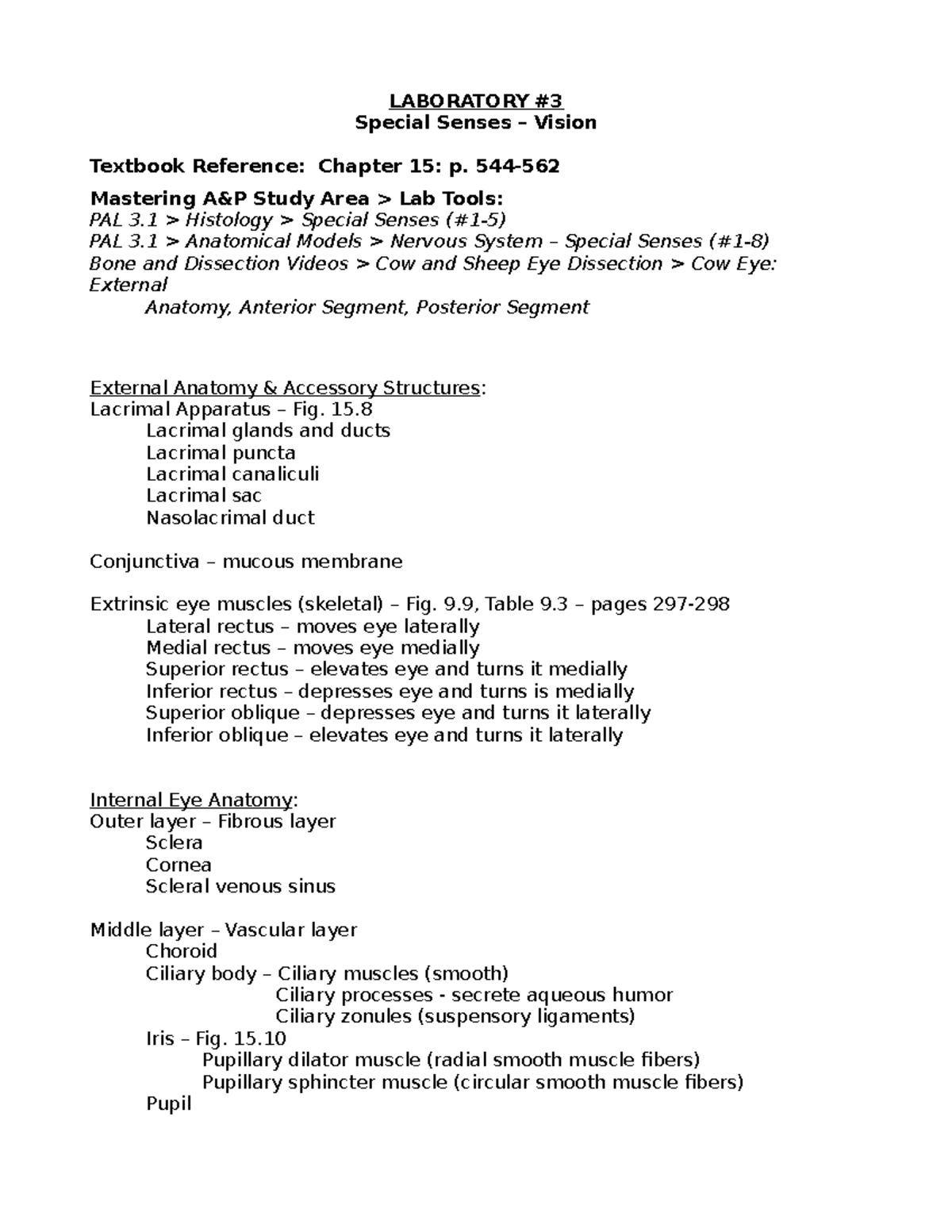 Biology 125 Lab 3 Vision LABORATORY Special Senses Vision