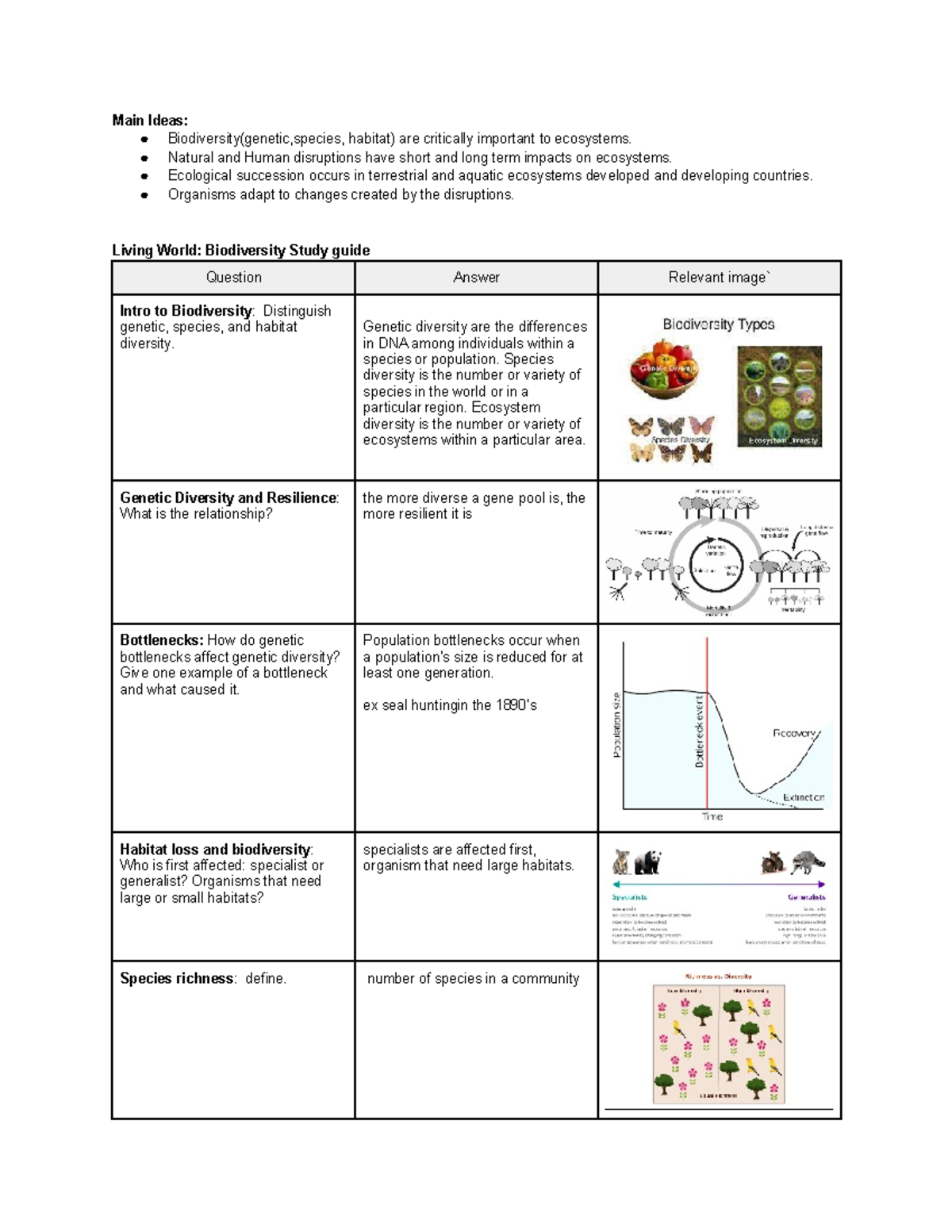 Living World Biodiversity Study Guide 2022 - Main Ideas: Biodiversity ...