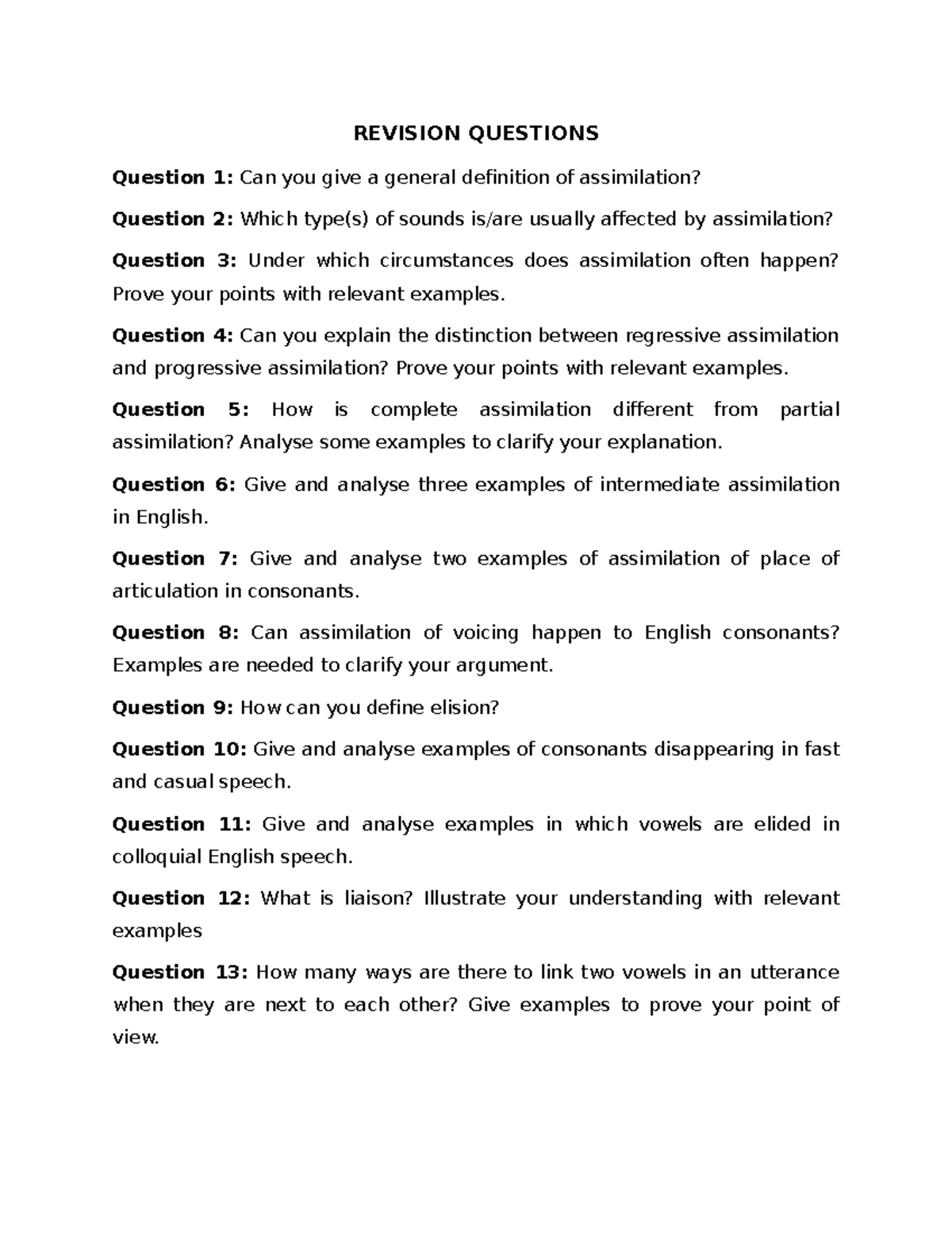 Connected speech. Revision Questions - REVISION QUESTIONS Question 1 ...