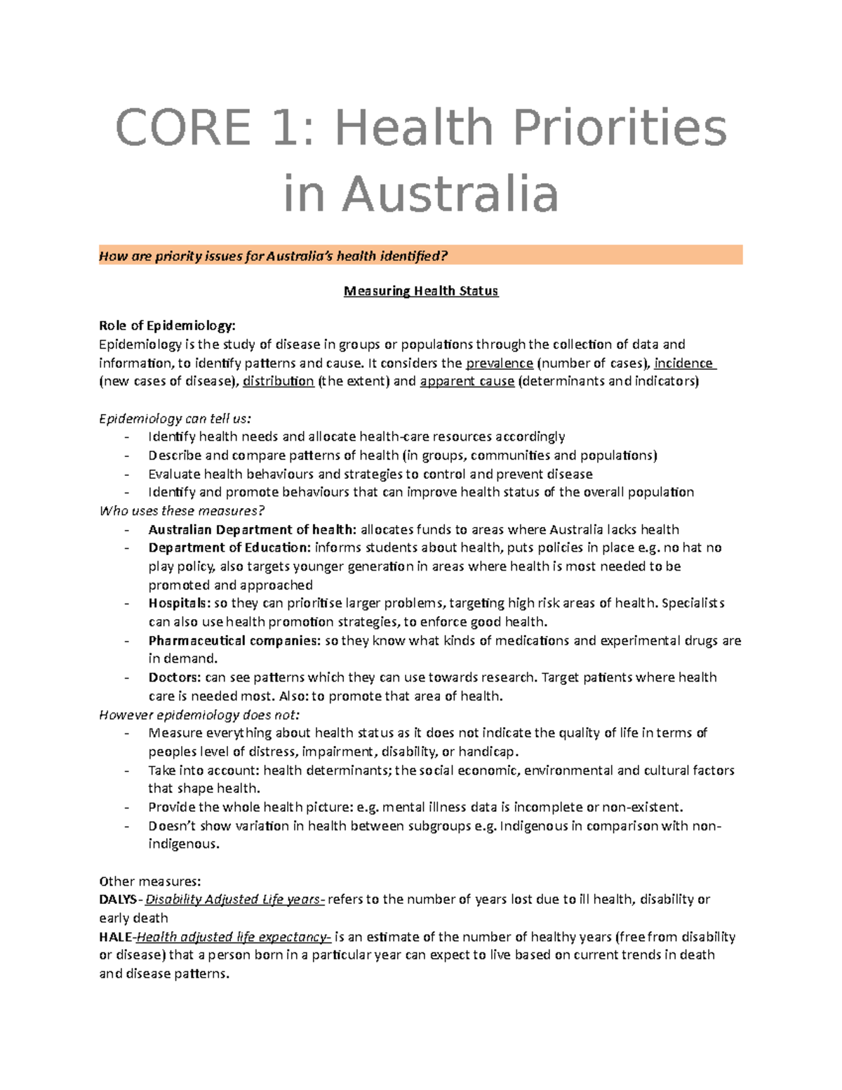 Pdhpe Notes -Health Priorities In Australia - CORE 1: Health Priorities ...